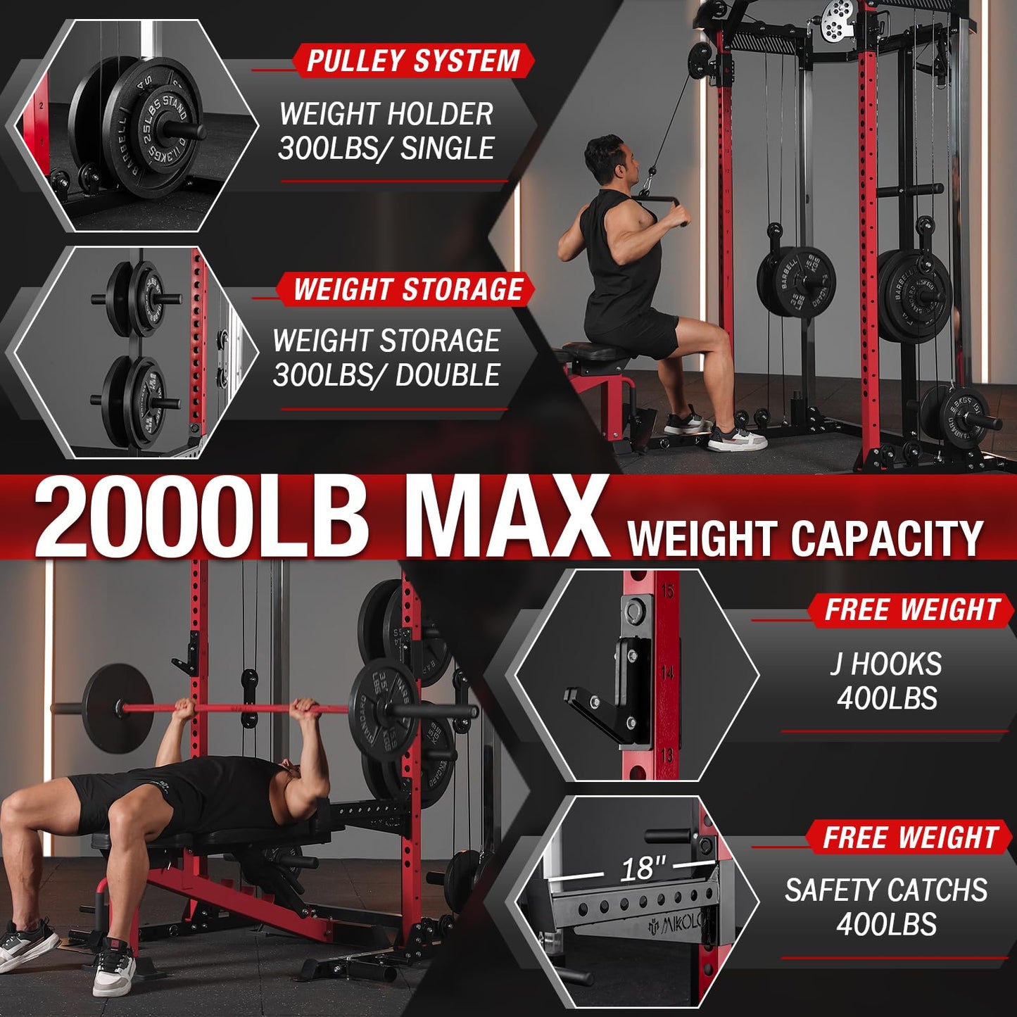 Mikolo Power Cage, 2000LB Power Rack with Independent Dual Pulley System, Multi-Function Home Gym Workout Machine for Cable Crossover (Aluminum Pulleys)