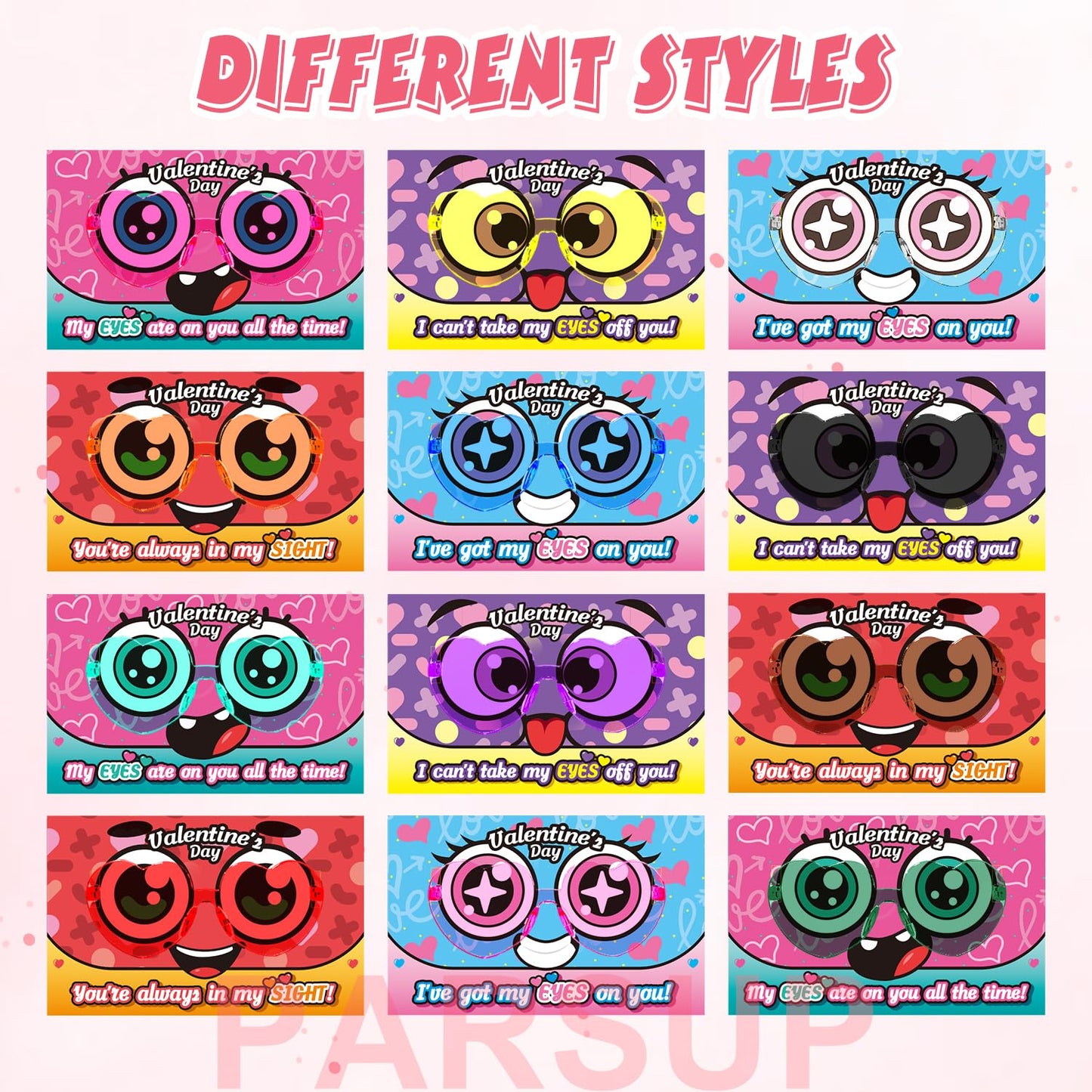 PARSUP 28 Pcs Valentine's Day Greeting Cards with Heart Shape Glasses - Plastic Eyeglass Case Filler Toys Party Favor Supplies Gfit Bag Stuffer for Valentines Day Classroom Exchange Gifts