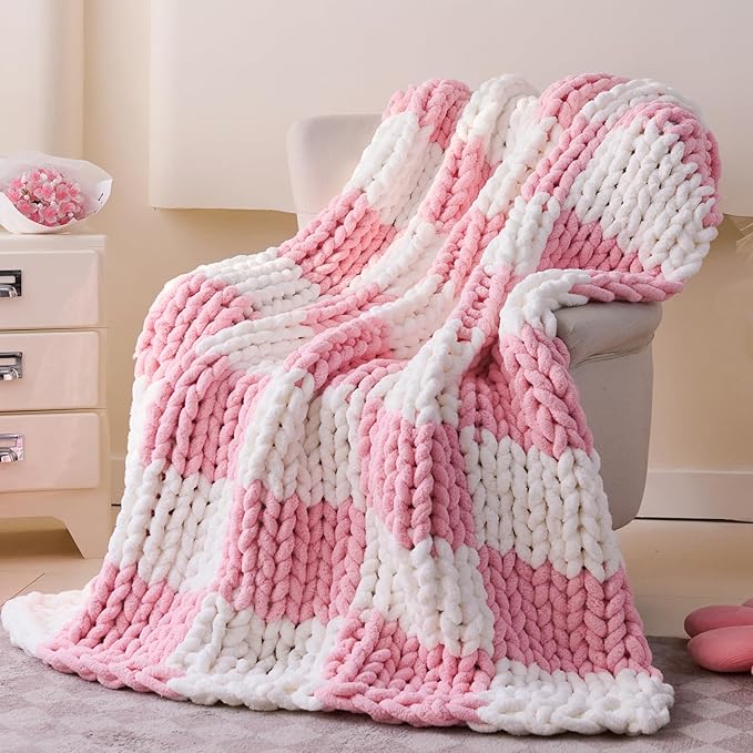 Admitrack Chunky Knit Blanket Throw 51"x63", 100% Hand Knit Chenille Throw Blanket for Sofa & Home Decor, Soft and Cozy Knitted Throw Blankets (Pink Checkered，51"x63")