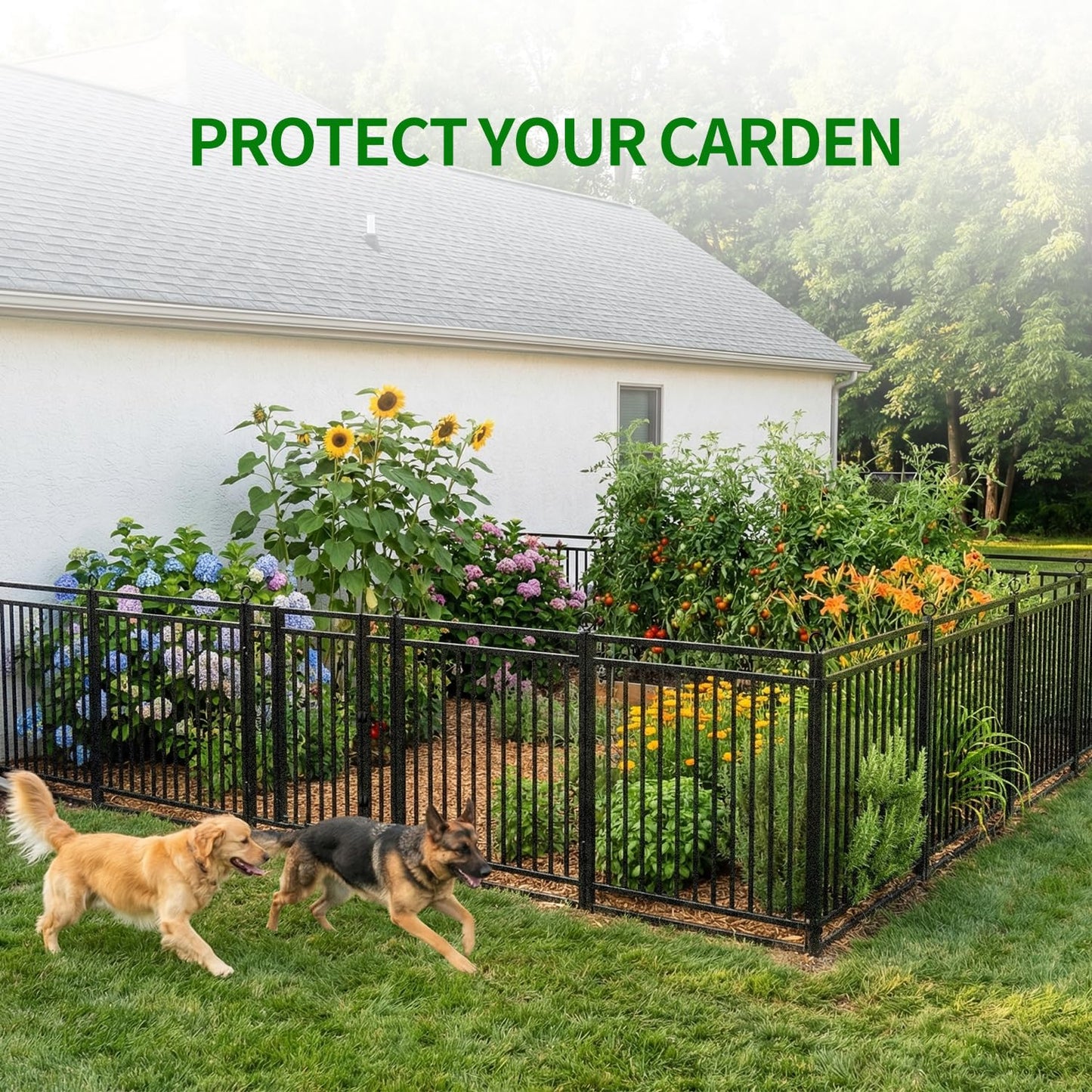 Decorative Garden Fence Metal Dog Fence Outdoor, 40in (H) x 90ft (L), 35 Panels + 5 Gates, Heavy Duty Garden Fencing Animal Barrier for Patio & Flower Bed, Black-Silver