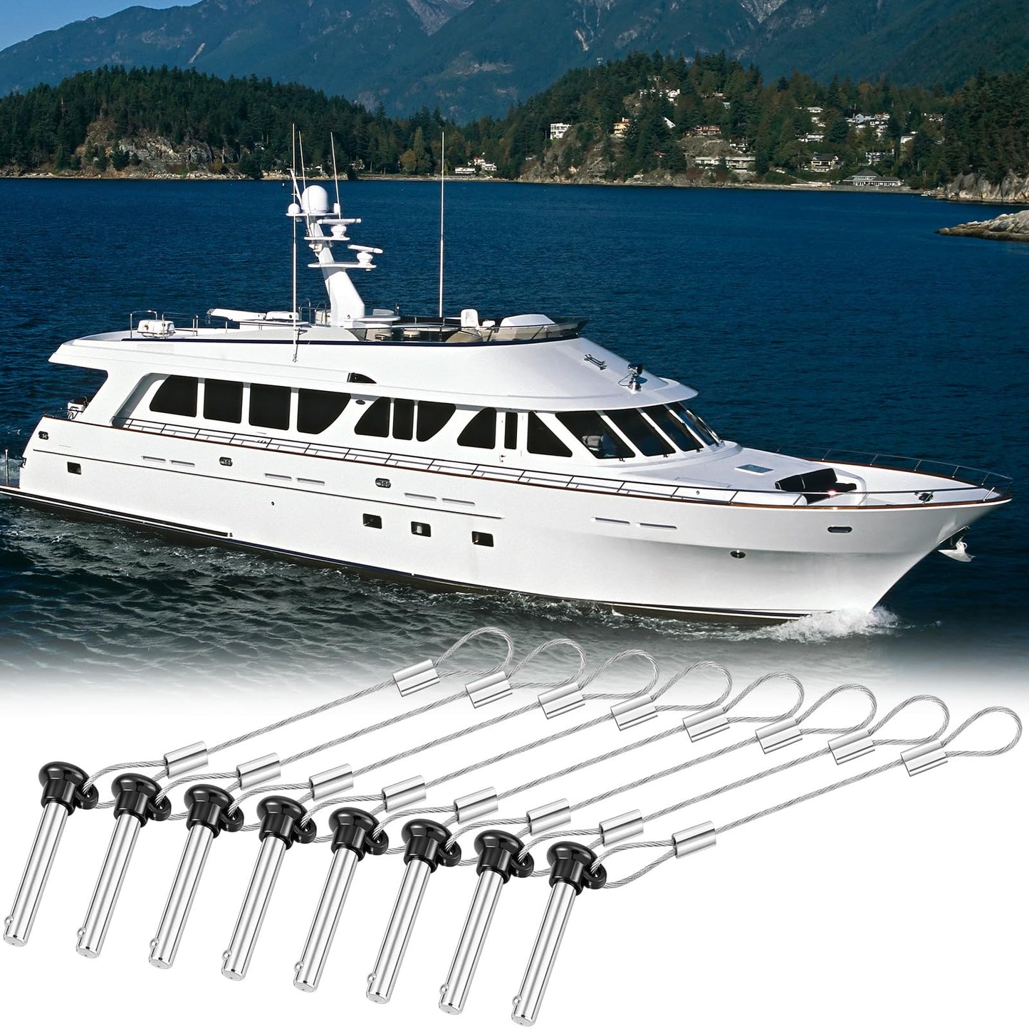 Otoolling 8 Pcs Boat Bimini Top Pins 3/16 Inch Black Quick Release Pull Pins Stainless Steel with Lanyard for Boat Bimini Top Ball Socket Deck Hinges and Marine Hardware