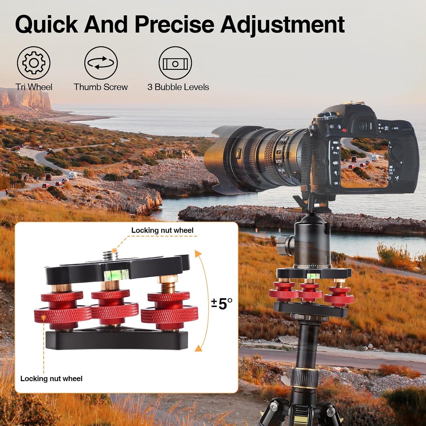 yqlbgprj Leveler,3/8Thread,+/-5Precise 3axis Head,LP642026 Tripod Leveling Base,Camera Head Angle