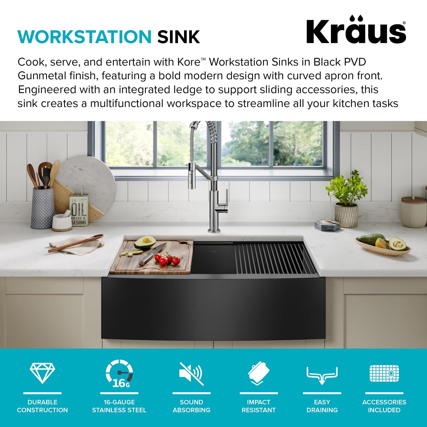 KRAUS Kore Workstation 33-inch Farmhouse Apron Front 16 Gauge Black Stainless Steel Single Bowl Kitchen Sink in PVD Gunmetal Finish with Accessories, KWF210-33/PGM