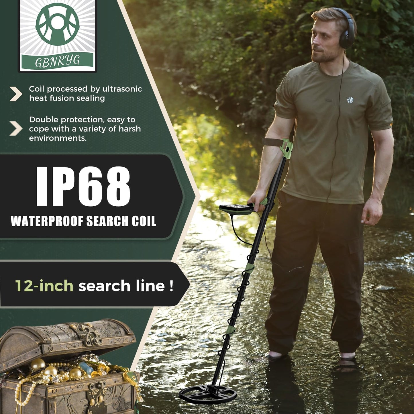 Gbnryg Professional Metal Detector for Adults,12" IP68 Waterproof Search Coil with LCD Backlight,5 Modes Gold Detector,Advanced DSP Chip&High Accuracy System for Beach/Gold Hunting