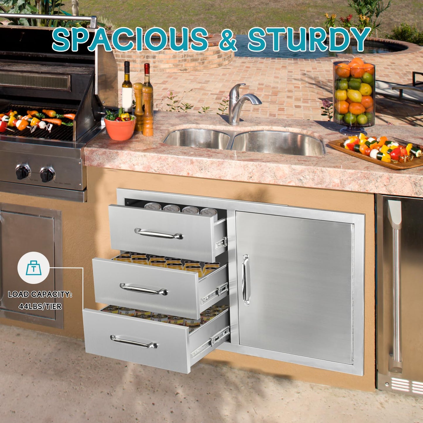 Outdoor Kitchen Door Drawer Combo Cabinet,38.1W x 22.6H x 20.8D Stainless Steel with Handles,Triple Drawers & BBQ Access Combo for Outdoor Kitchen Island (Drawer with Handle and Right Door Combo)