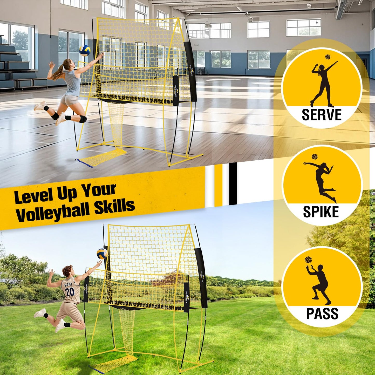 PodiuMax Volleyball Training Equipment, 11x8FT Adjustable 6.5–8 ft, Volleyball Practice Net for Serve & Spike, 2-in-1 Train & Play, Fast Setup, Stable Frame Training Net for Backyard Indoor Outdoor
