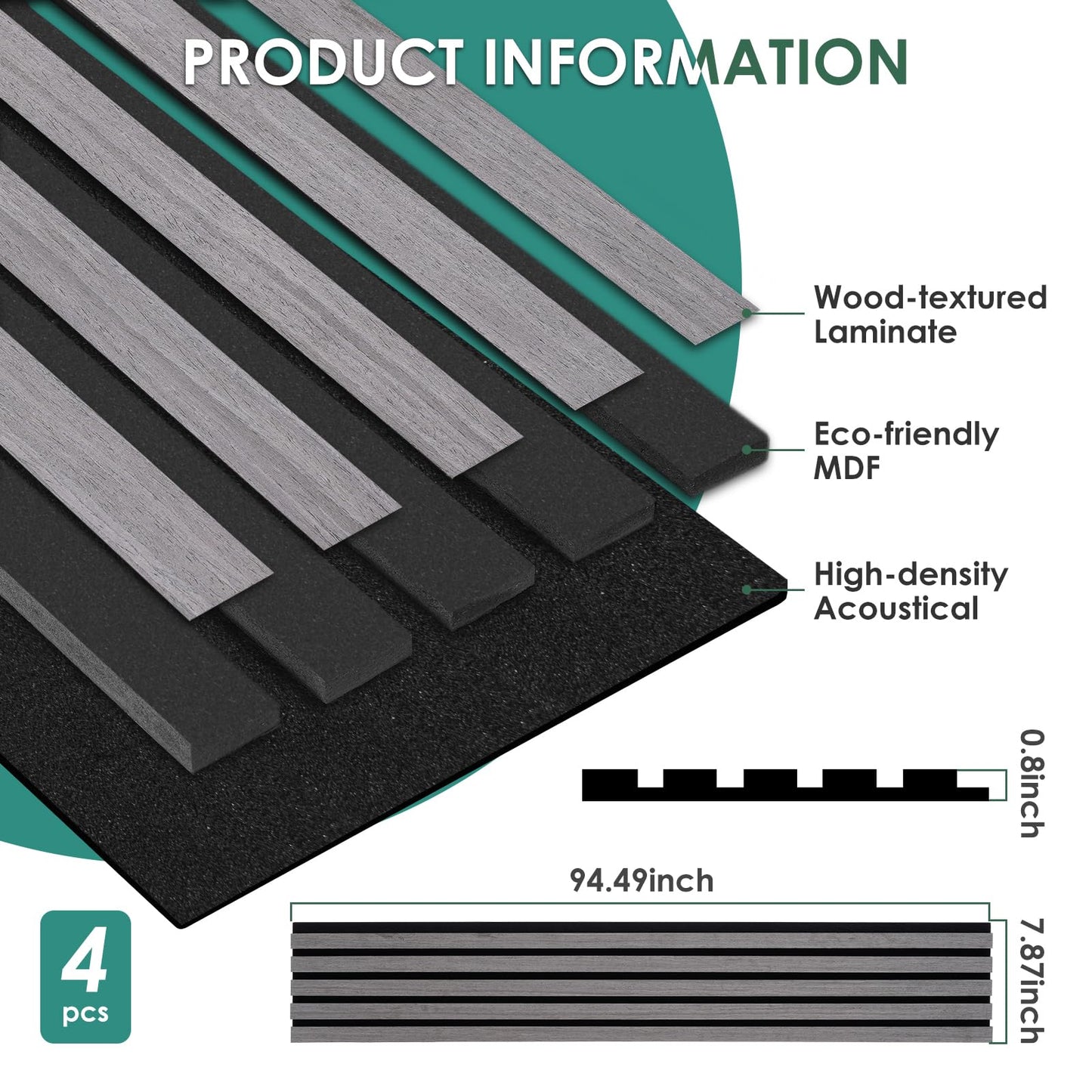 VallisCo 4-Piece Wood Slat Acoustic Panels for Stylish Interior Decor & Noise Reduction - 94.5" x 7.87" 3D Solid Wood Wall Panels for Ceiling and Wall, Covers 20.66 Sq Ft, Grey Oak