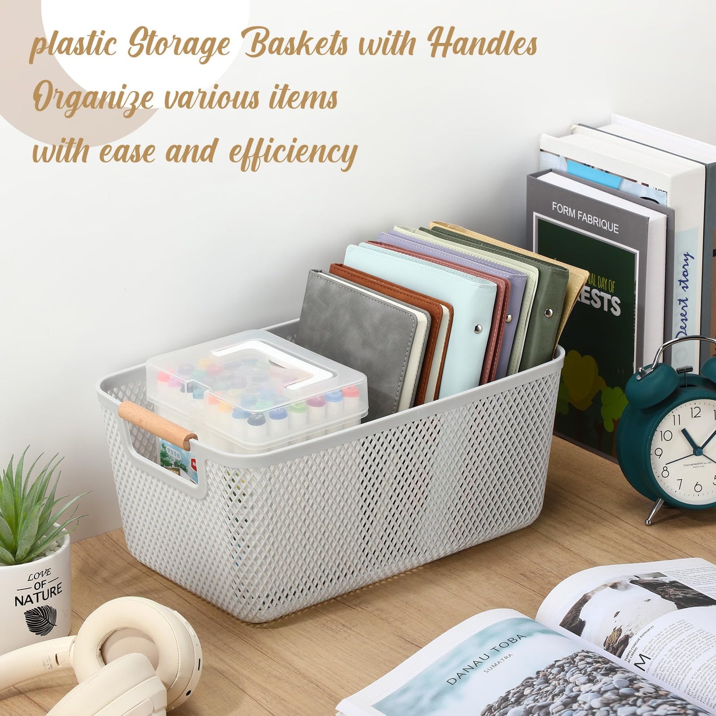Ziliny 4 Pcs Plastic Mesh Baskets with Handles - Mesh Storage Hanging Organizer Bin Container Baskets for Home Organizing Pantry Closet Cabinet Kitchen Fridge Fruit Snacks Gifts, Grey(Large)