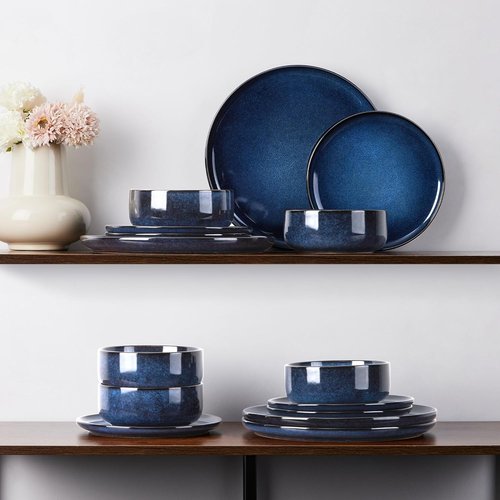 E-far Dinnerware Set - 12-Piece Stoneware Plates & Bowls for 4 | Microwave & Dishwasher Safe - Deep Sea Blue