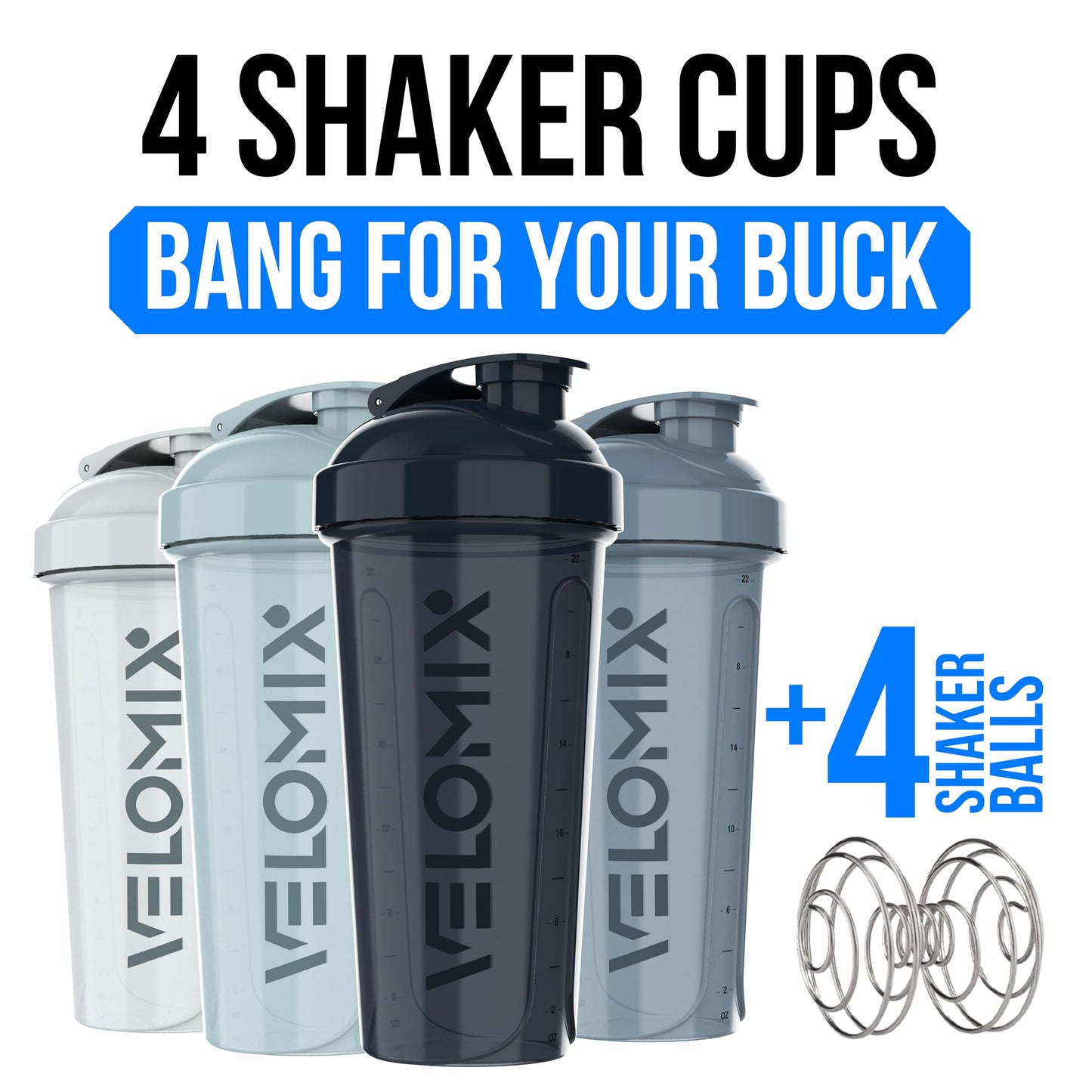 VELOMIX -4 PACK 28 Oz Protein Shaker Bottle for Protein Mixes - 4x Wire Whisk | Leak Proof Shaker Cups for Protein Shakes | Large, Stackable Protein Shaker Bottles Pack | Dishwasher Safe (Aqua Depths)