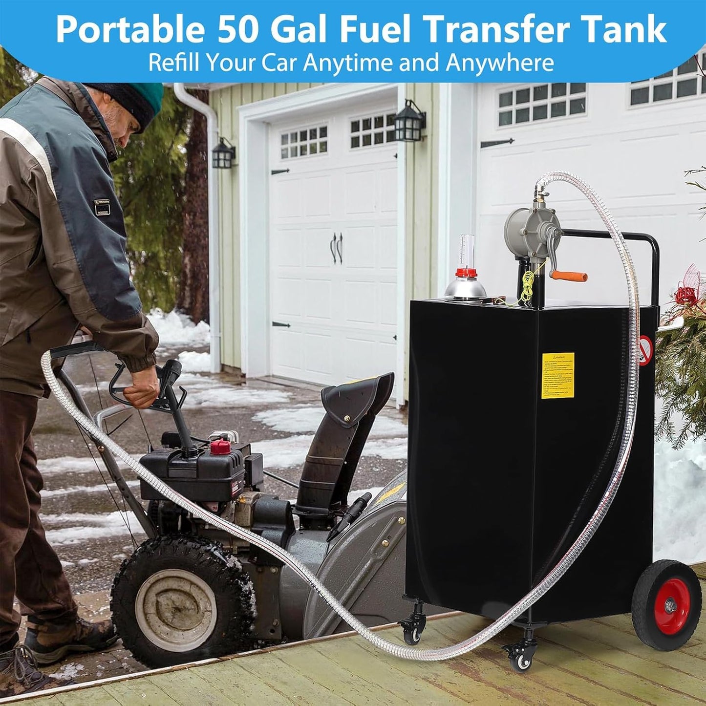 50 Gallon Portable Fuel Caddy with Manual Pump, Heavy Duty Gasoline & Diesel Transfer Tank On 4 Wheels, Mobile Fuel Storage Container for Truck, Boat, Lawn Mower, ATV, Garage & Farm Use – Black