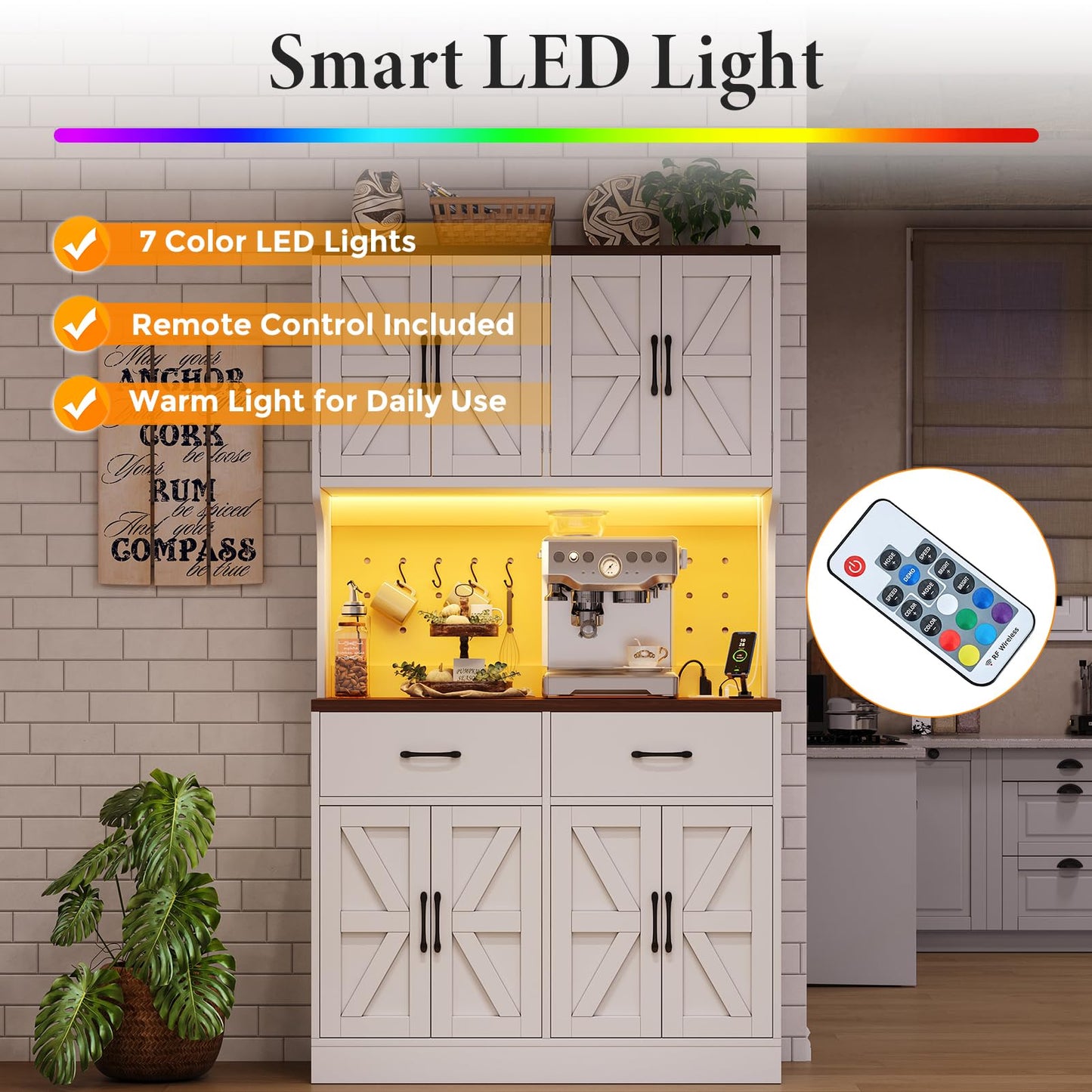 VK·LIVING 71" Kitchen Pantry Cabinet with LED Light & Charging Station, Farmhouse Storage Cabinet with Adjustable Shelves & 2 Drawers, Large Kitchen Pantry with Coffee Bar, White