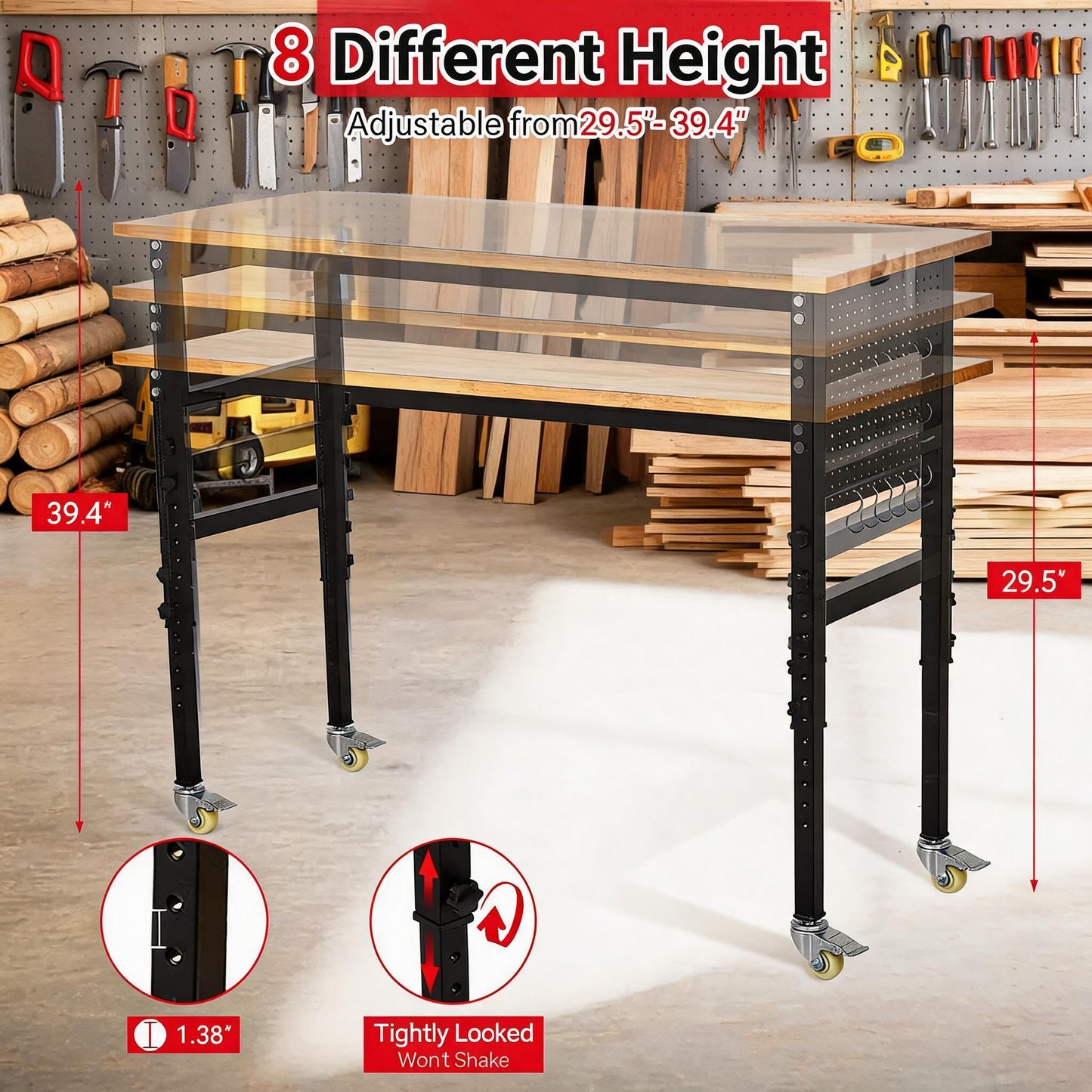 GarveeTech 48" Adjustable Workbench with Power Outlet, 2200 LBS Work Table with Pegboard and 6 Hooks, 8 Adjustable Height Workstation for Garage, Office, Home