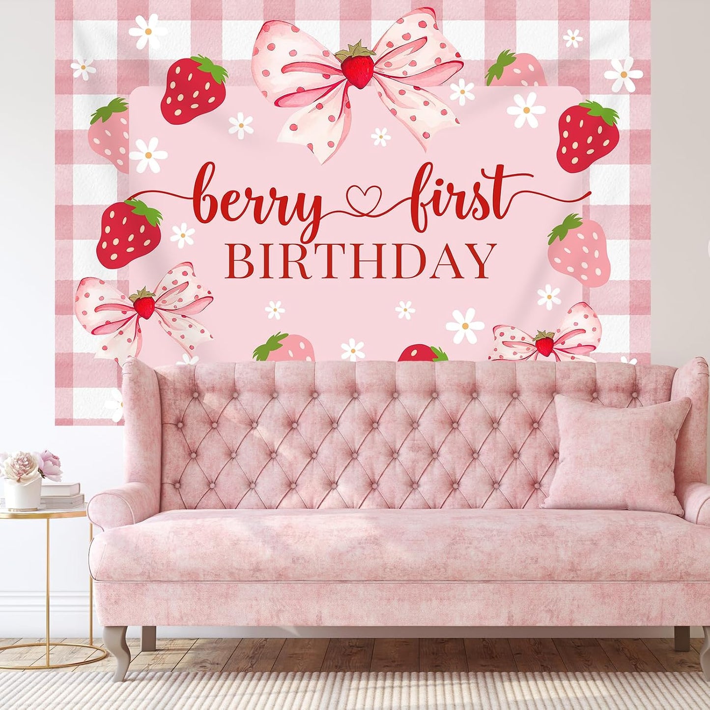 1st 7x5ft Berry First Birthday Backdrop for Girl Pink Bowknot Strawberry Photography Background Sweet One Birthday