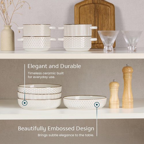 KooK Ceramic Pasta Bowls - Large Capacity Embossed Serving Bowls | Microwave & Dishwasher Safe, Set of 4, Ivory with Dark Copper Accents