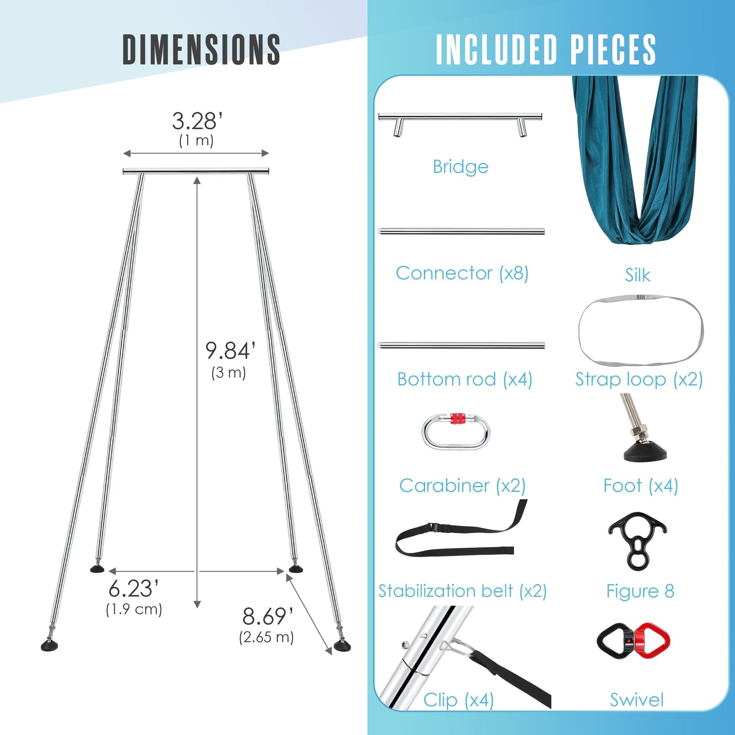 Houseables Aerial Silks, Aerial Yoga Stand, Yoga Swing Stand, Ariel Silks For Home, Ariel Swing, 10 FT Steel Frame, 13 YD Teal Fabric, Hammock, Gymnastics, Acrobatics, Indoor, Equipment Set, Portable