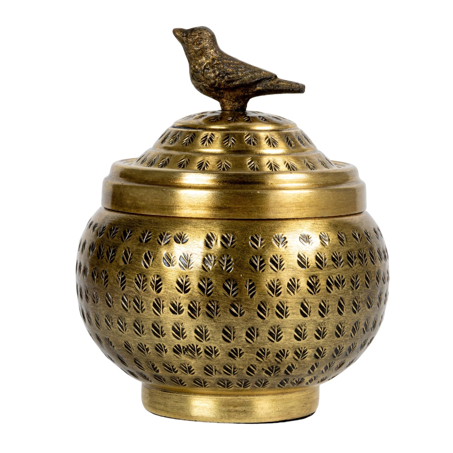Round Hammered Metal Container with Bird Finial, Brass Finish