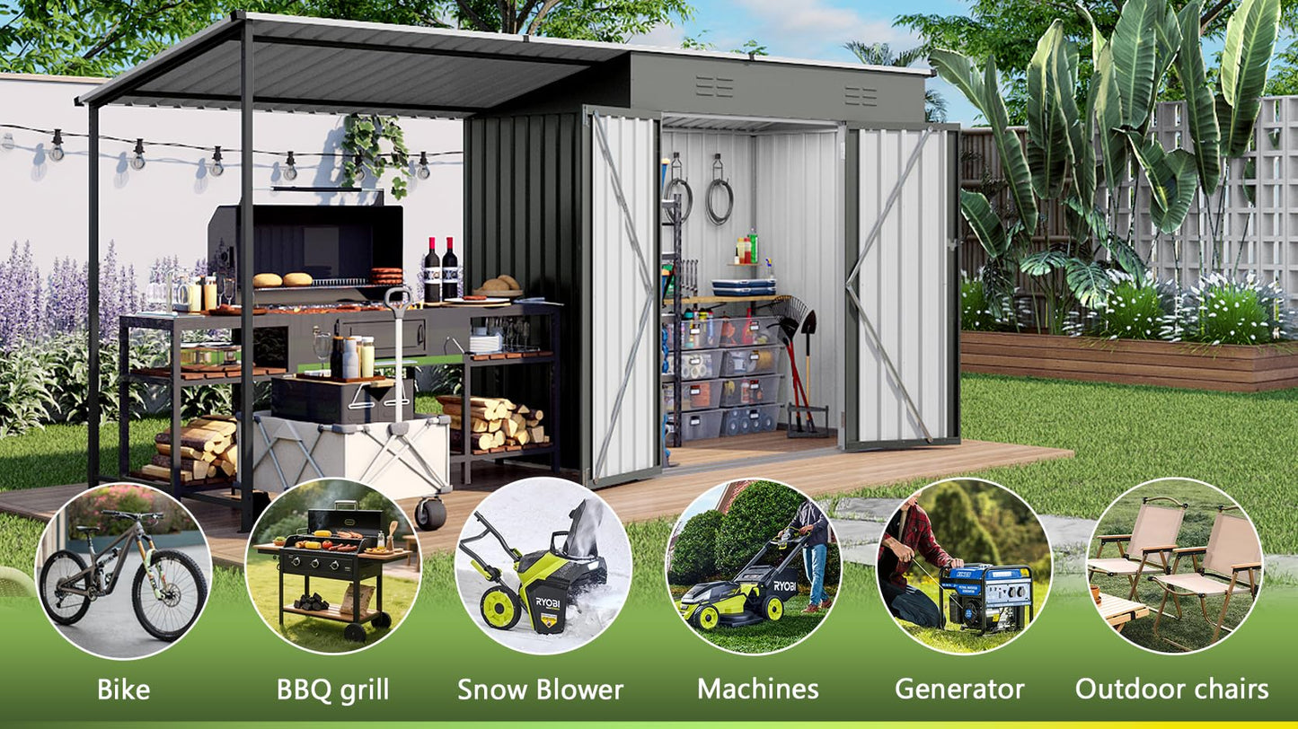 Praxatek 2-in-1 Metal Outdoor Storage Shed with Hardtop Pergola, 4x12 Ft, Gray, Sloped Roof, for Backyard, Patio, Garden