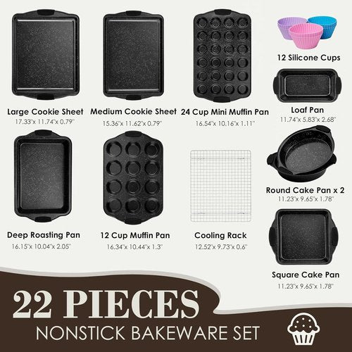 AIVIKI Nonstick Baking Pans Set - 22-Piece Bakeware with Silicone Handles | Versatile Oven Cookware in Black