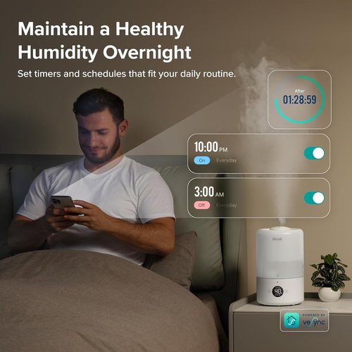 LEVOIT Smart Cool Mist Humidifier - Auto Humidity Control & Voice App Features | 3L, White