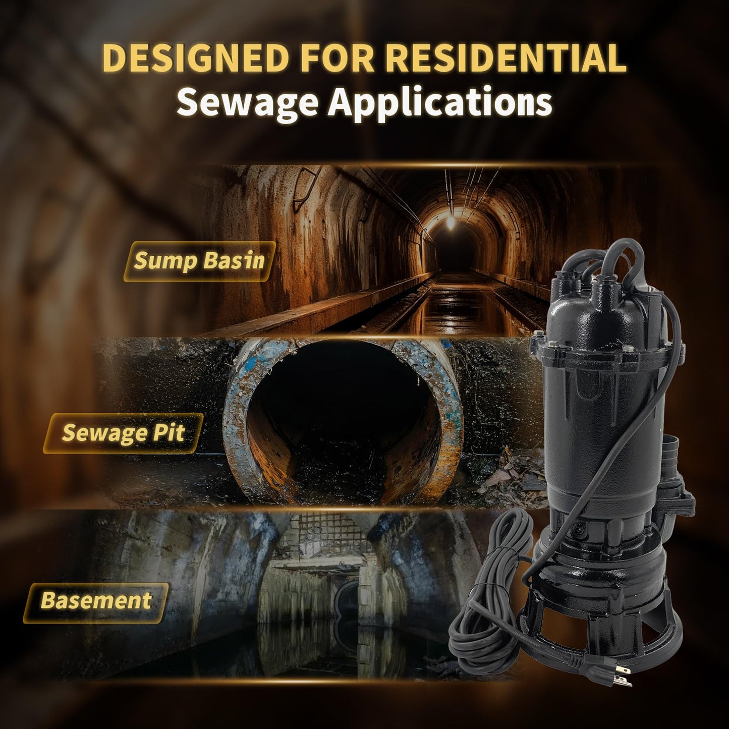 Submersible Sewage Grinder Sump Pump, 2HP 110V 1500W, 6498 GPH Cast Iron Sump Pump with Automatic Float Switch, 2'' NPT Discharge, 66ft Hose for Basement Sump Basin & Sewage Pit