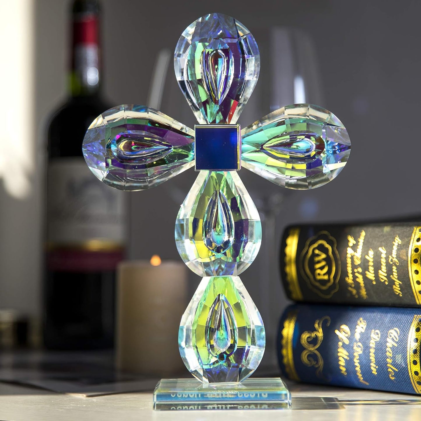 QFkris Crystal Cross Figurine - Elegant 8.5-Inch Tabletop Decor for Home & Gift for Women