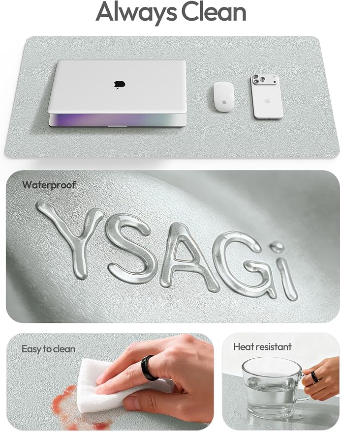 YSAGi Leather Desk Pad Protector, Office Desk Mat, Large Mouse Pad, Non-Slip PU Leather Desk Blotter, Laptop Desk Pad, Waterproof Desk Writing Pad for Office and Home (Silver, 35.4" x 17")