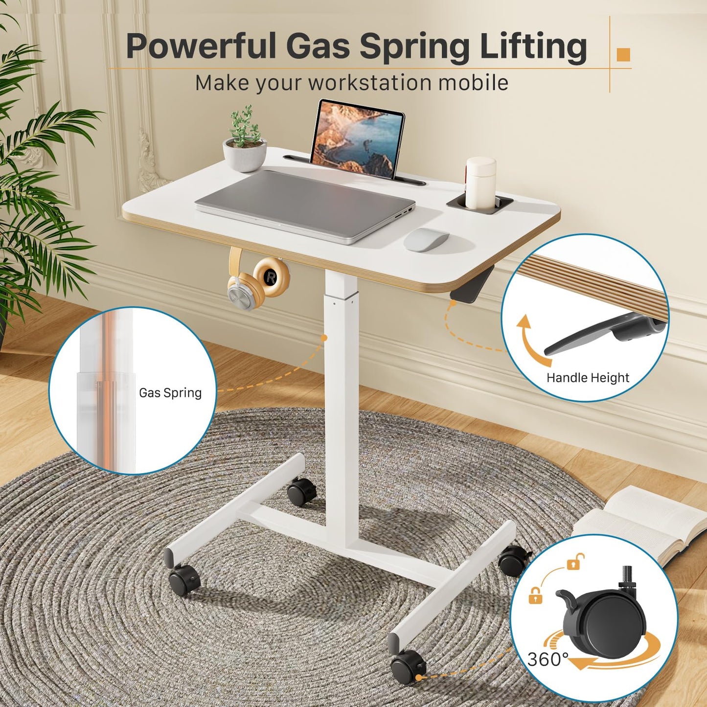 Liftsync Mobile Standing Desk, Rolling Laptop Cart Adjustable Height with Cup Holder, 28 inch Portable Table with 4 Lockable Wheels, White Computer Workstation with Hook and Slots for Home Office