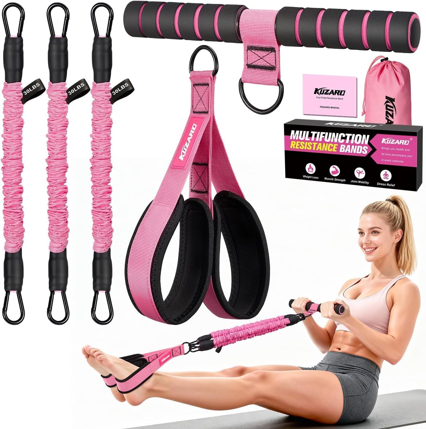 KUZARO Upgraded Multifunction Pedal Resistance Band with Handle, 3 Tube Adjustable Resistance Bands for Abdomen, Waist, Arm, Core/ABS, Leg Workout - Sit Up Exercise Equipment for Women