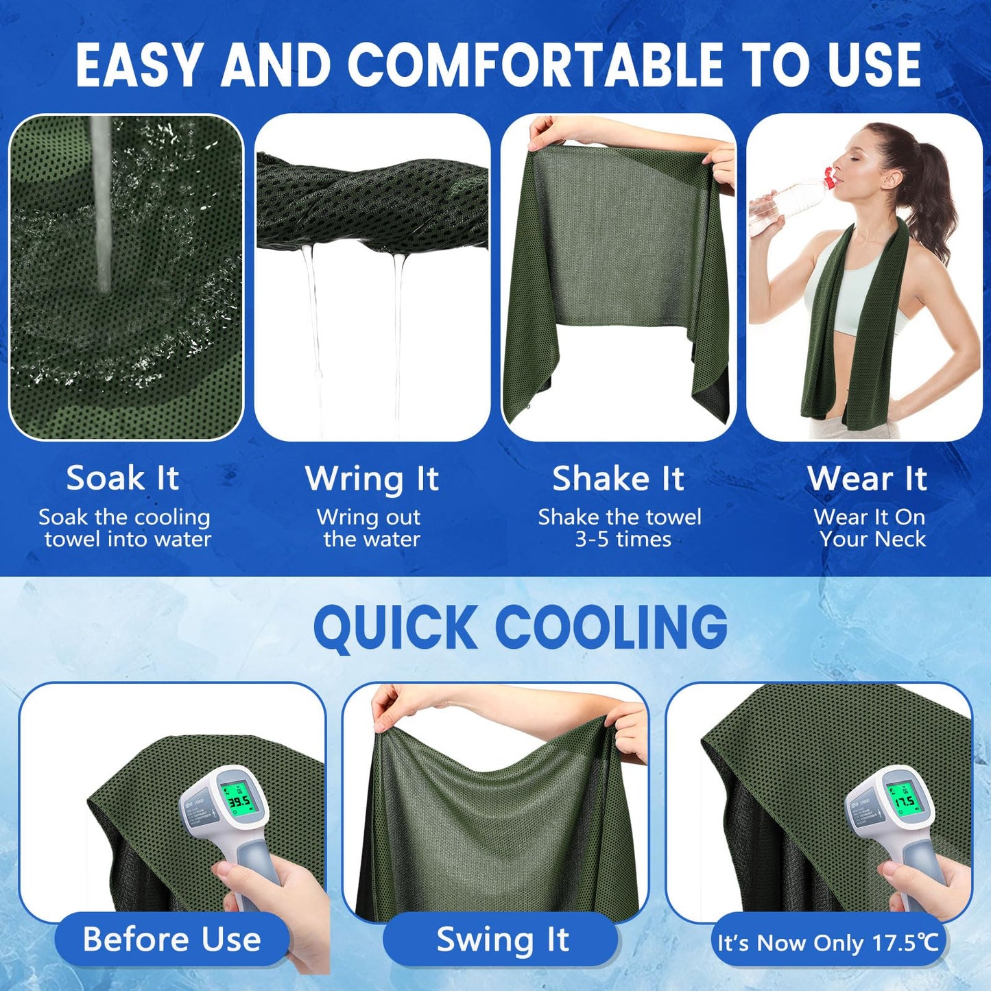 Hosuly 15 Pack Cooling Towels 40" x 12" Cooling Towels for Neck and Face Iced Towel Microfiber Soft Breathable Chilly Yoga Towel for Hot Weather(Olive Green)