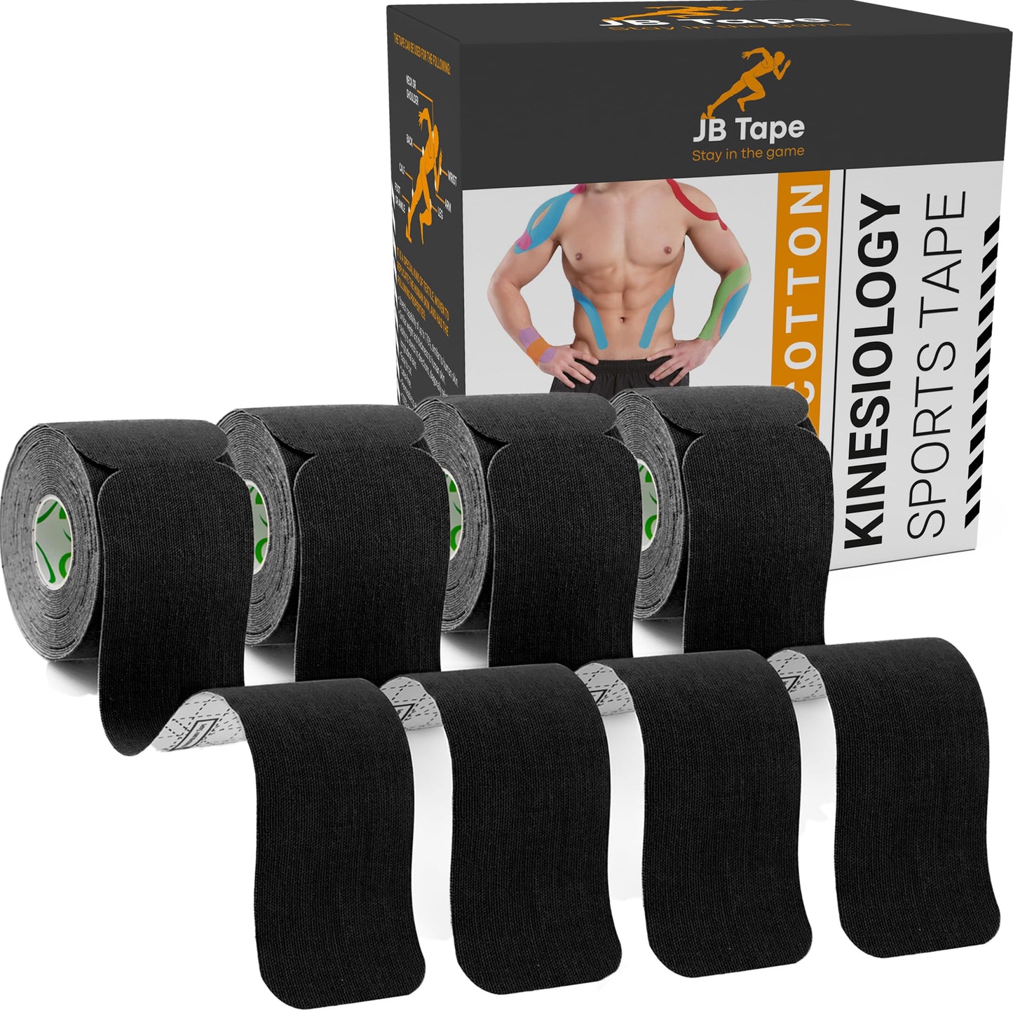 JB Tape Kinesiology Tape – 80 Precut 10-Inch Strips – Black – Elastic, Latex-Free, Water Resistant – Athletic Muscle & Joint Support – 4 Rolls