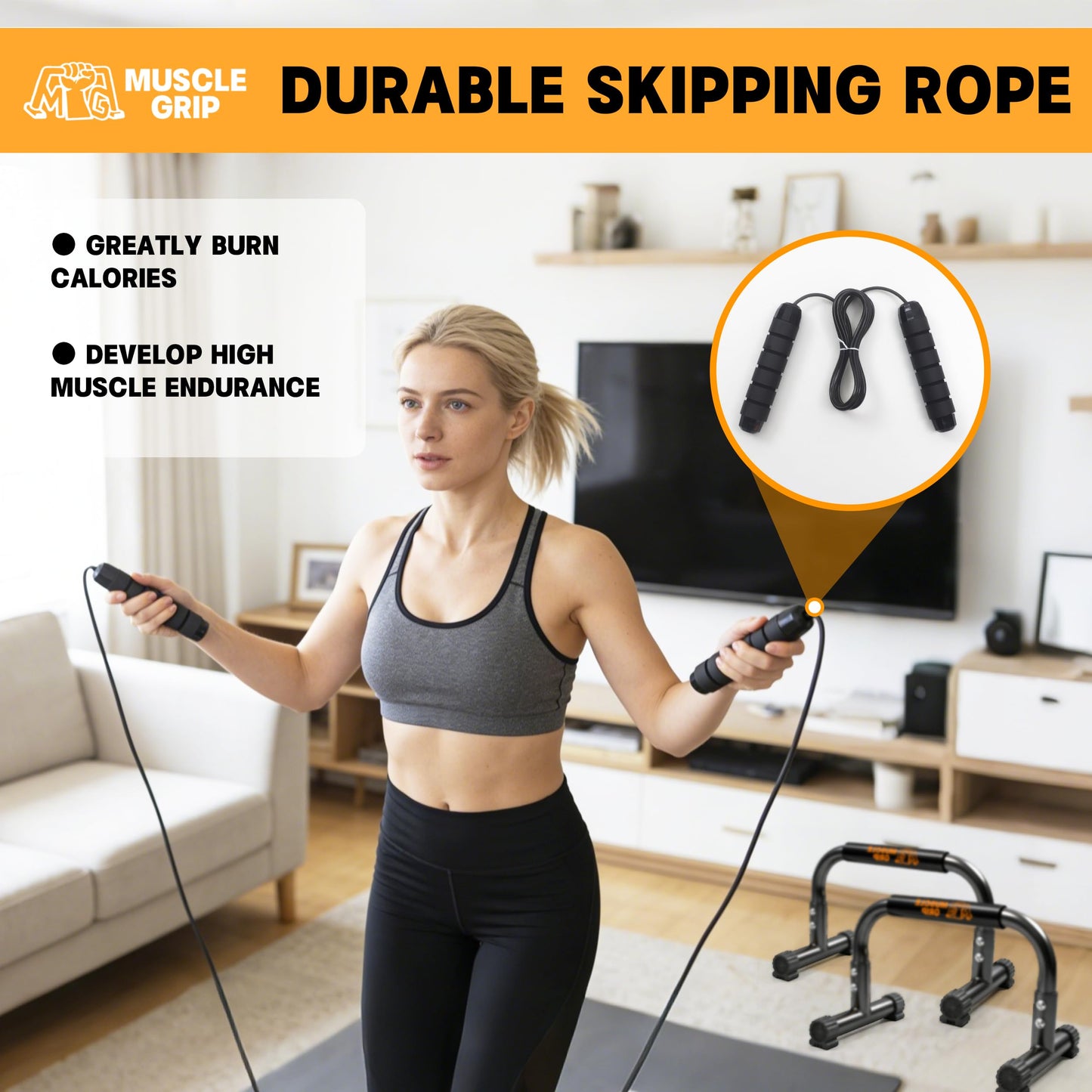 Push Up Bars Parallettes, 10” Heavy-Duty Steel Dip Bars with Non-Slip Foam Handles, Calisthenics Equipment for Handstands, L-Sit & Dips, Home Gym Workout Set with Jump Rope