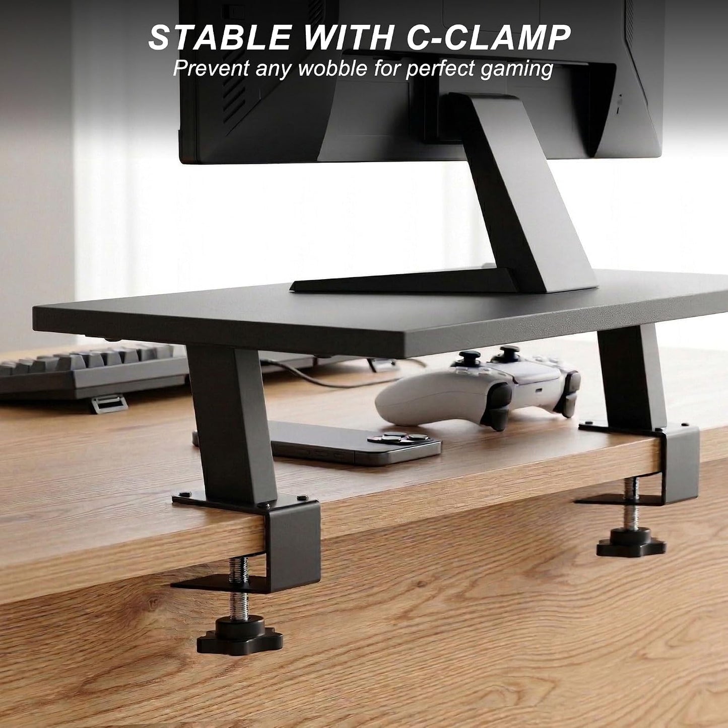 15-Inch 2-in-1 44 lbs, Setup Desktop Clamp-on Shelf & Monitor Riser, Reversible Design Fits Either Side of Desk