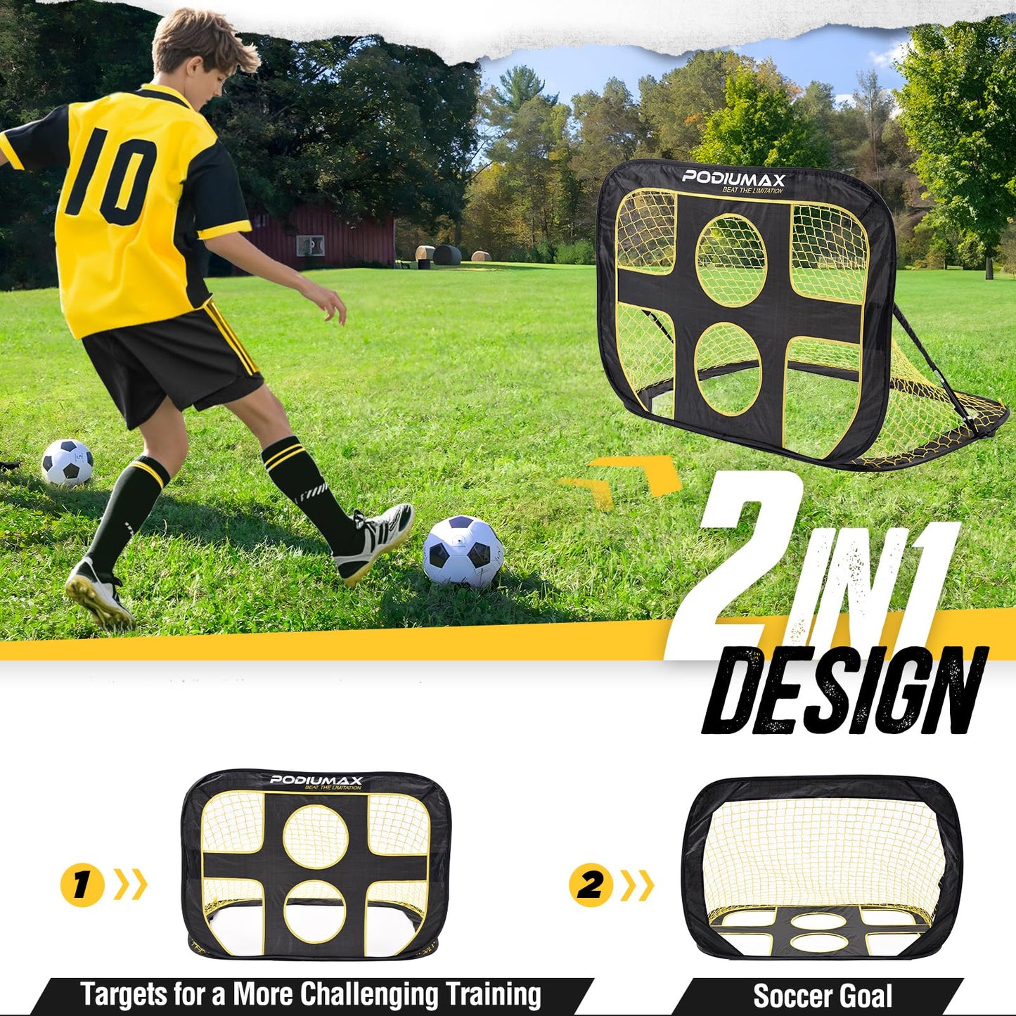 PodiuMax Kids Soccer Goal 2 in 1, Pop up Portable Soccer Goals for Backyard, Soccer Net for Kids Age 3 5 8, Indoor Outdoor Toddler Soccer Goal with Carry Bag, Improving Passing & Shooting Accuracy