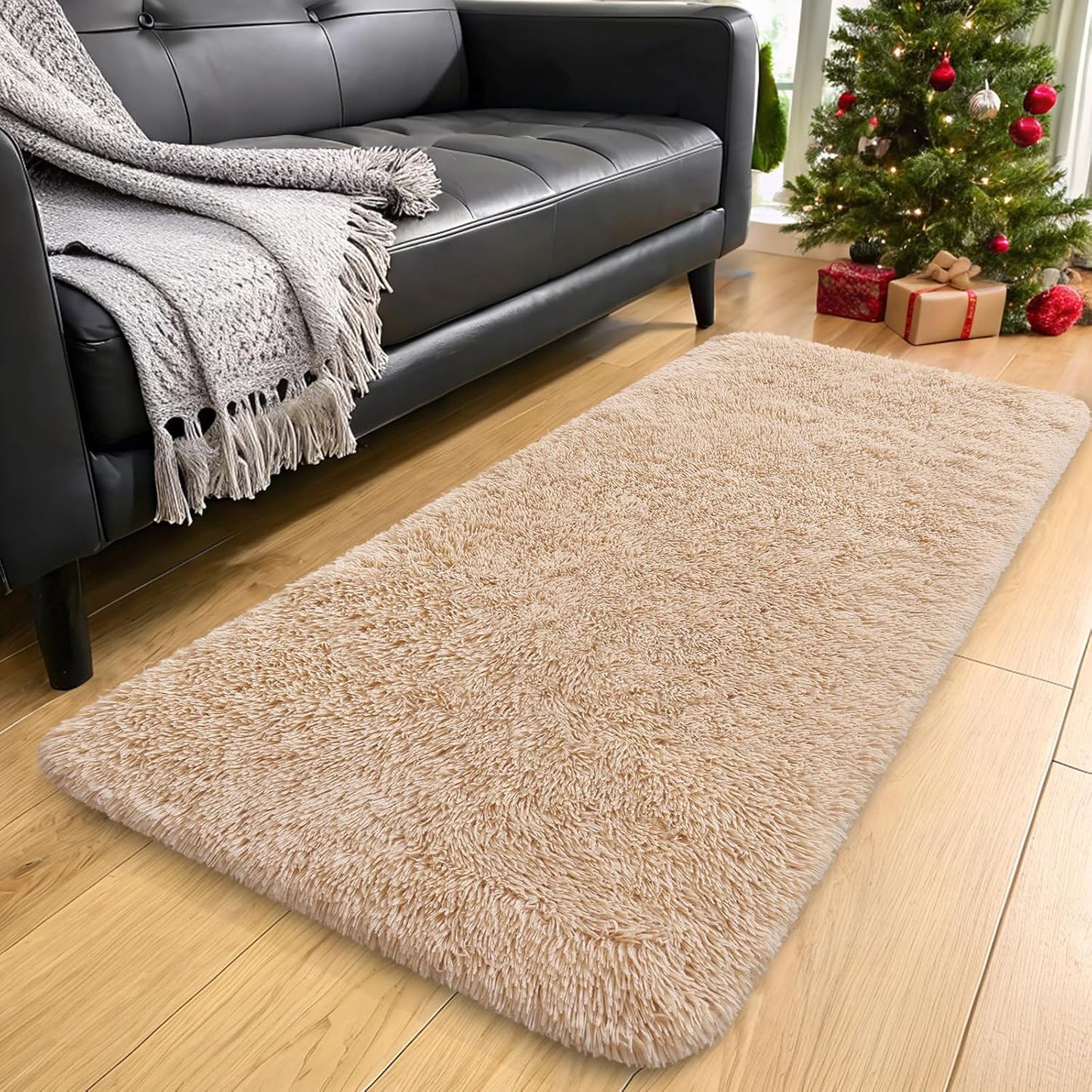 OLANLY Machine Washable Runner Rugs - Soft Fluffy Shaggy Indoor Carpet for Bedroom & Hallway | Beige