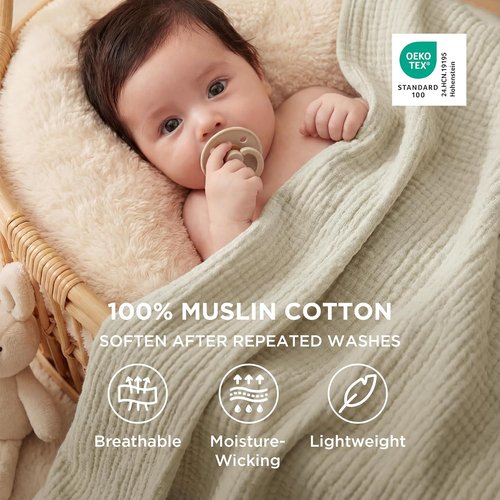 Bedsure 100% Cotton Muslin Blanket - Large 50x70 Inches, Soft & Breathable 4-Layer Throw in Linen Beige for Couch & Travel Decor