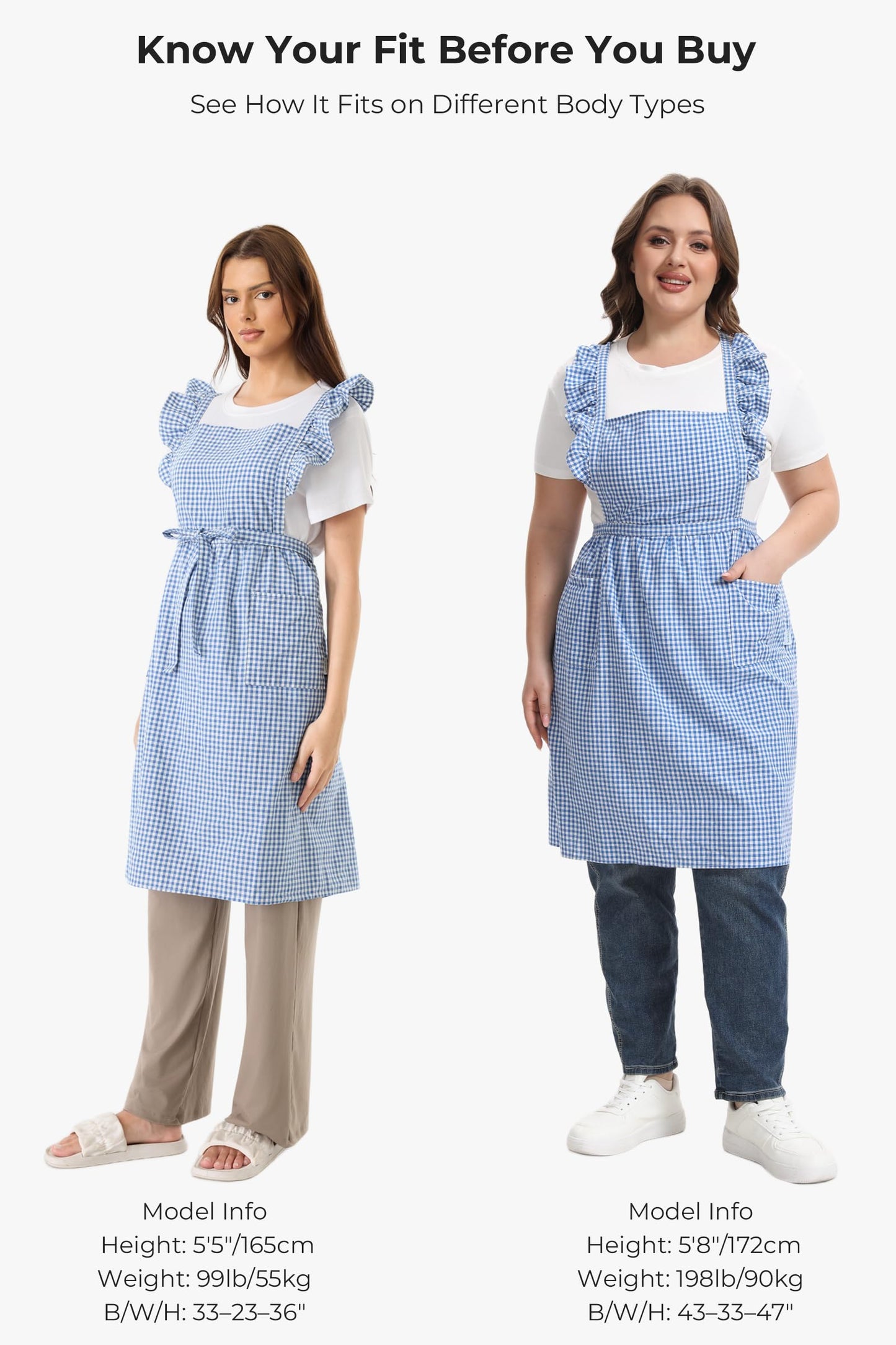SeedBySea Vintage Gingham Apron for Women, Ruffle Straps, 2 Pockets, Cross Back, Soft Cotton, Apron Dress Style for Cooking & Baking