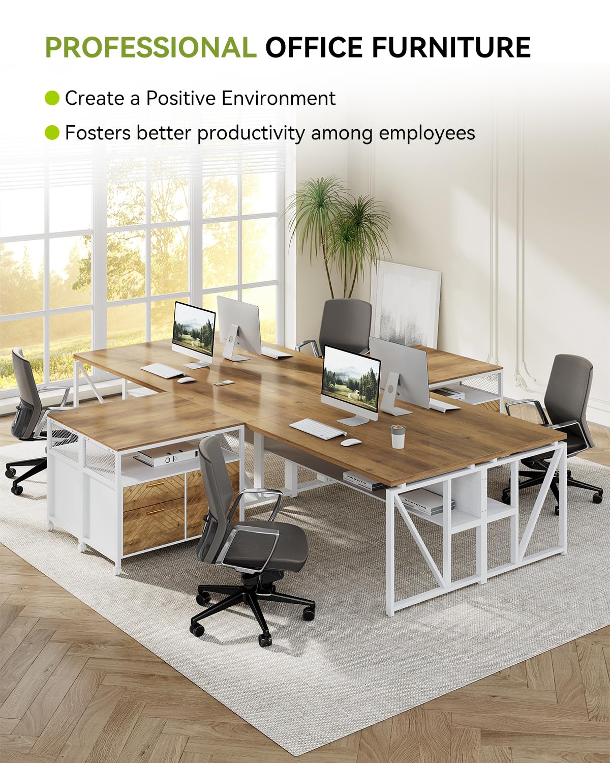 LITTLE TREE 63" L Shaped Executive Computer Desk and Drawer lateral File Cabinet, Walnut