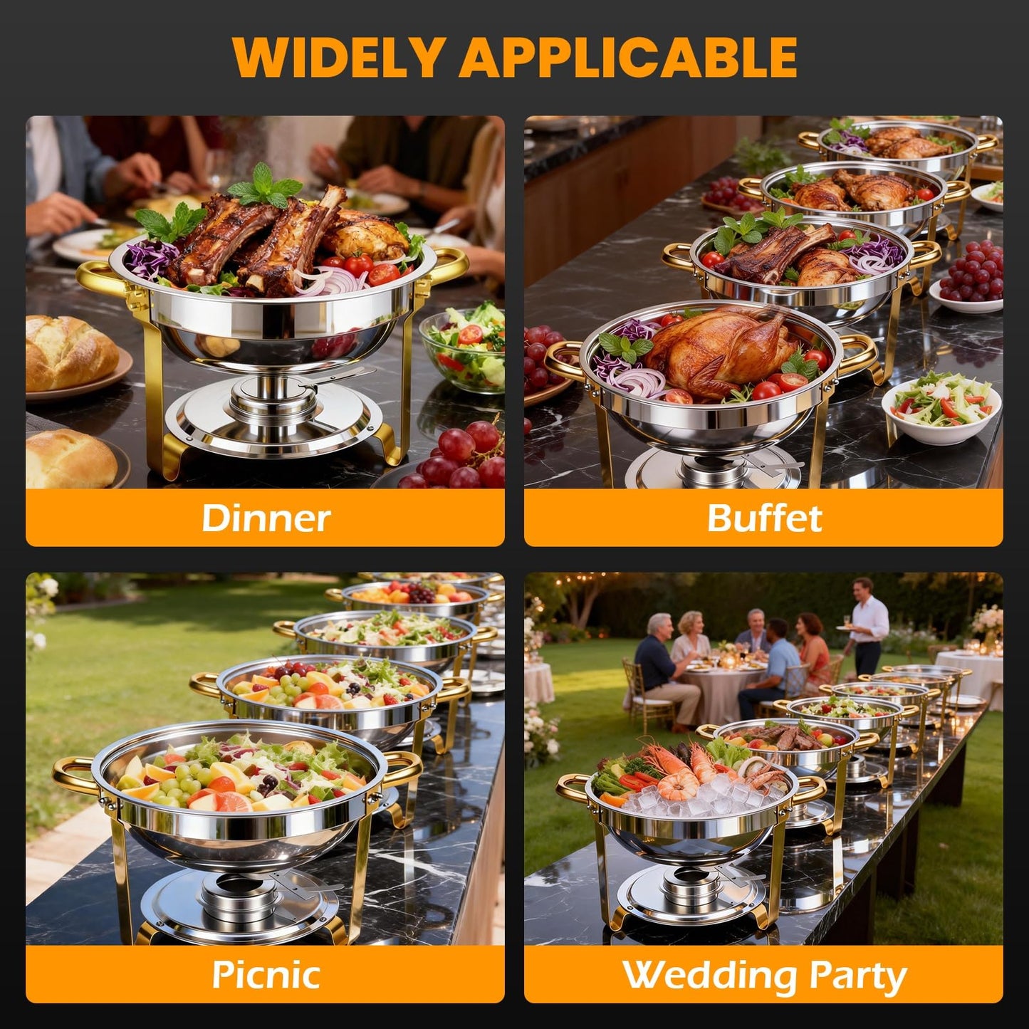 POWERFUEL Chafing Dishes for Buffet, 4 Pack 6QT Round Stainless Steel Chafers Sets with 4 Serving Tongs, Rolled-Edge Food Warmers for Parties, Catering, Weddings, Events Dinners