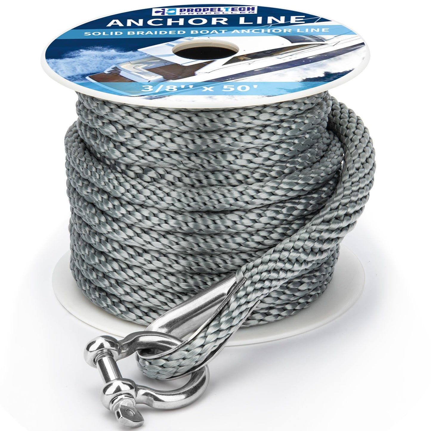 Boat Anchor Rope 3/8 inch 50ft Premium Solid Braid Nylon MFP Boat Rope with Stainless Steel Thimble & Shackle, Quality Marine Line, Grey,Boat Accessories