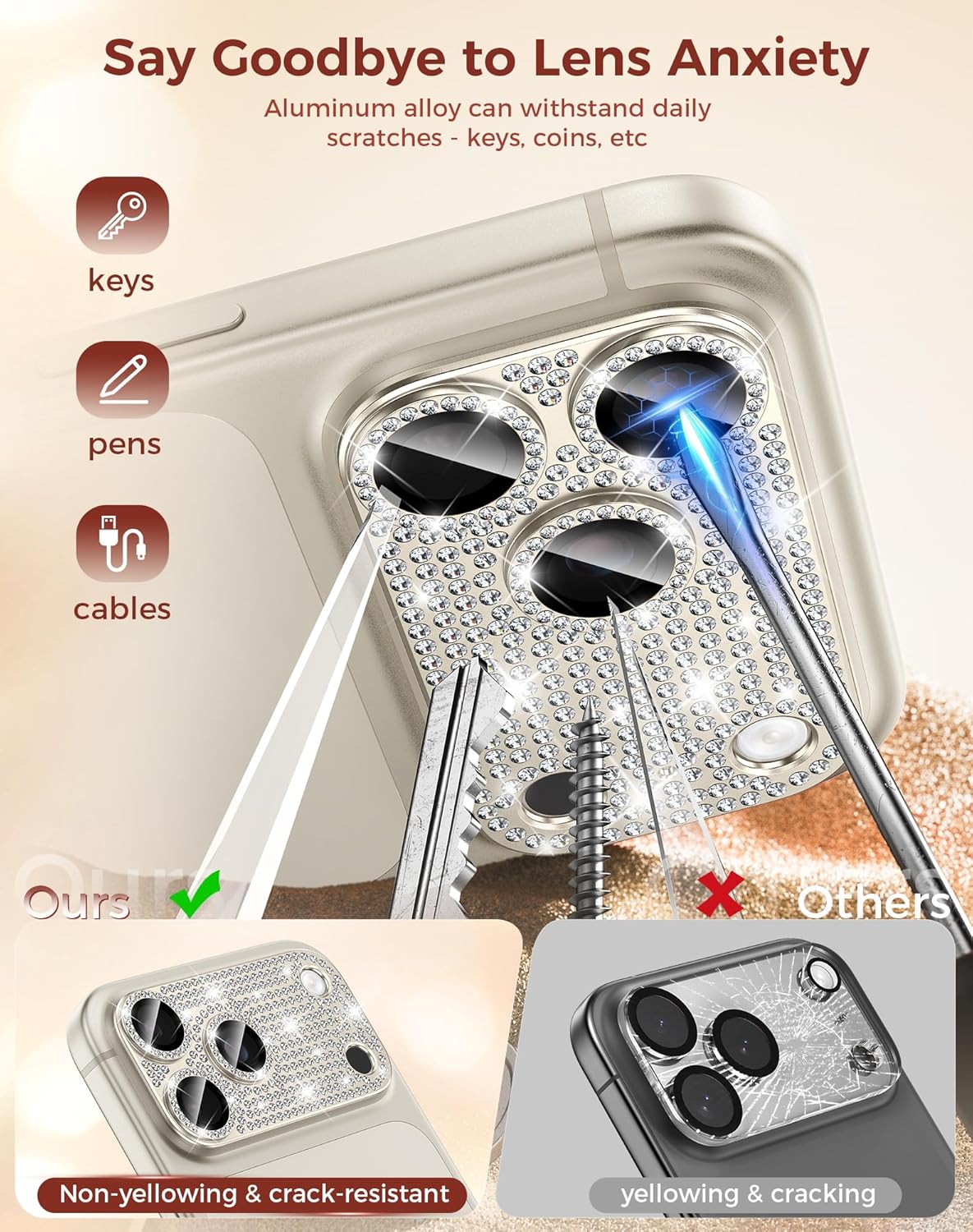 17 17 Goton for iPhone Pro Max Camera Lens Protector Diamond Bling- Not Easy to Fall, Strong Adsorption, Glitter Metal