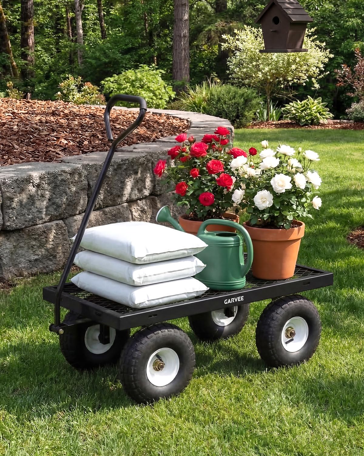 Garvee Versatile Outdoor Utility Cart - 400LBS Heavy-Duty, 10" All-Terrain Pneumatic Tires, Easy Maneuverable Lawn Cart with Removable Mesh Panels for Gardening & Landscaping，Black