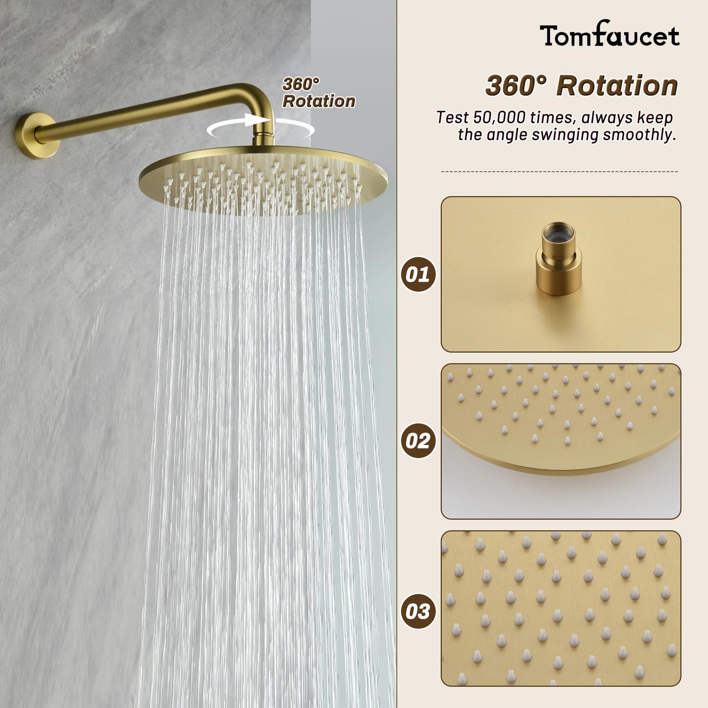 Tomfaucet Shower System with Tub Spout, 3 Functions 10" Round Wall Mounted Rain Shower System, High-Pressure Rain Shower Head with 2 Modes Handheld Spray, Brushed Gold Shower Systems