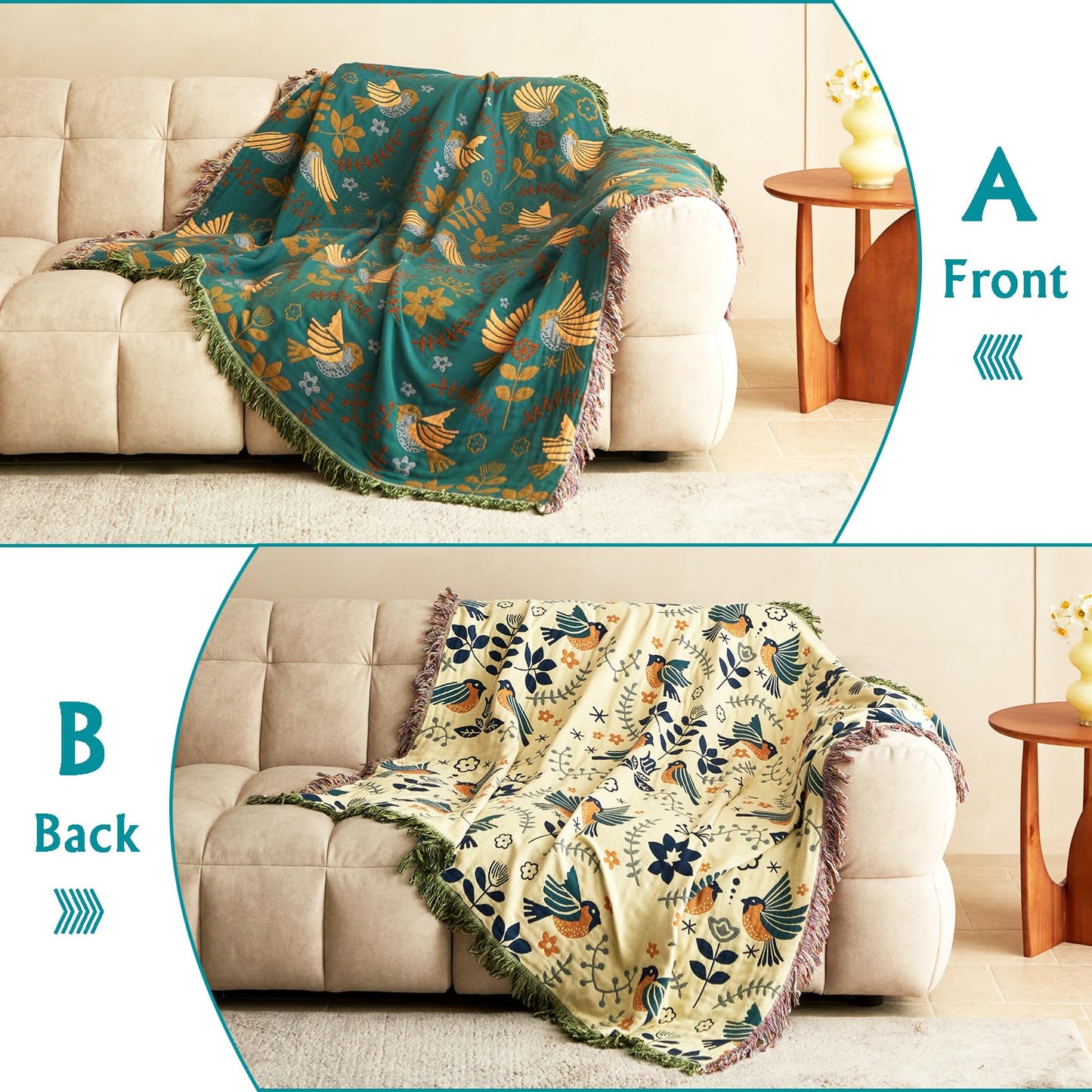 Vksucss Throw Blanket for Couch Bed Cozy Cotton Blankets Twin,Soft Gauze Boho Throw Blanket Birds and Floral Doubel Side Embroidery,60"x80" Comfy Muslin Bed Blankets