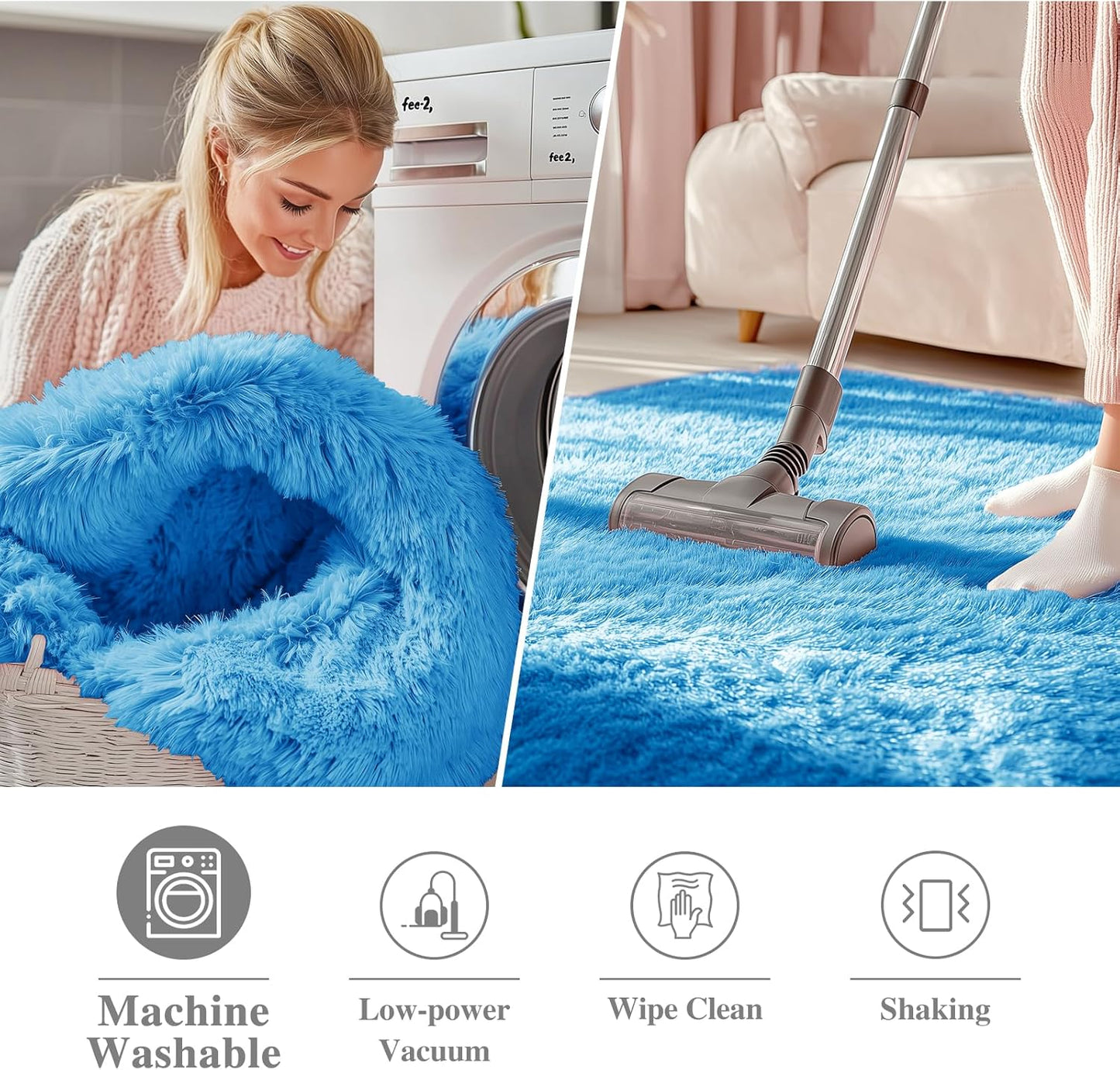 OLANLY Bright Blue Round Rug - Soft, Fluffy Shaggy Carpet for Bedroom | 4 ft Machine Washable Area Rug
