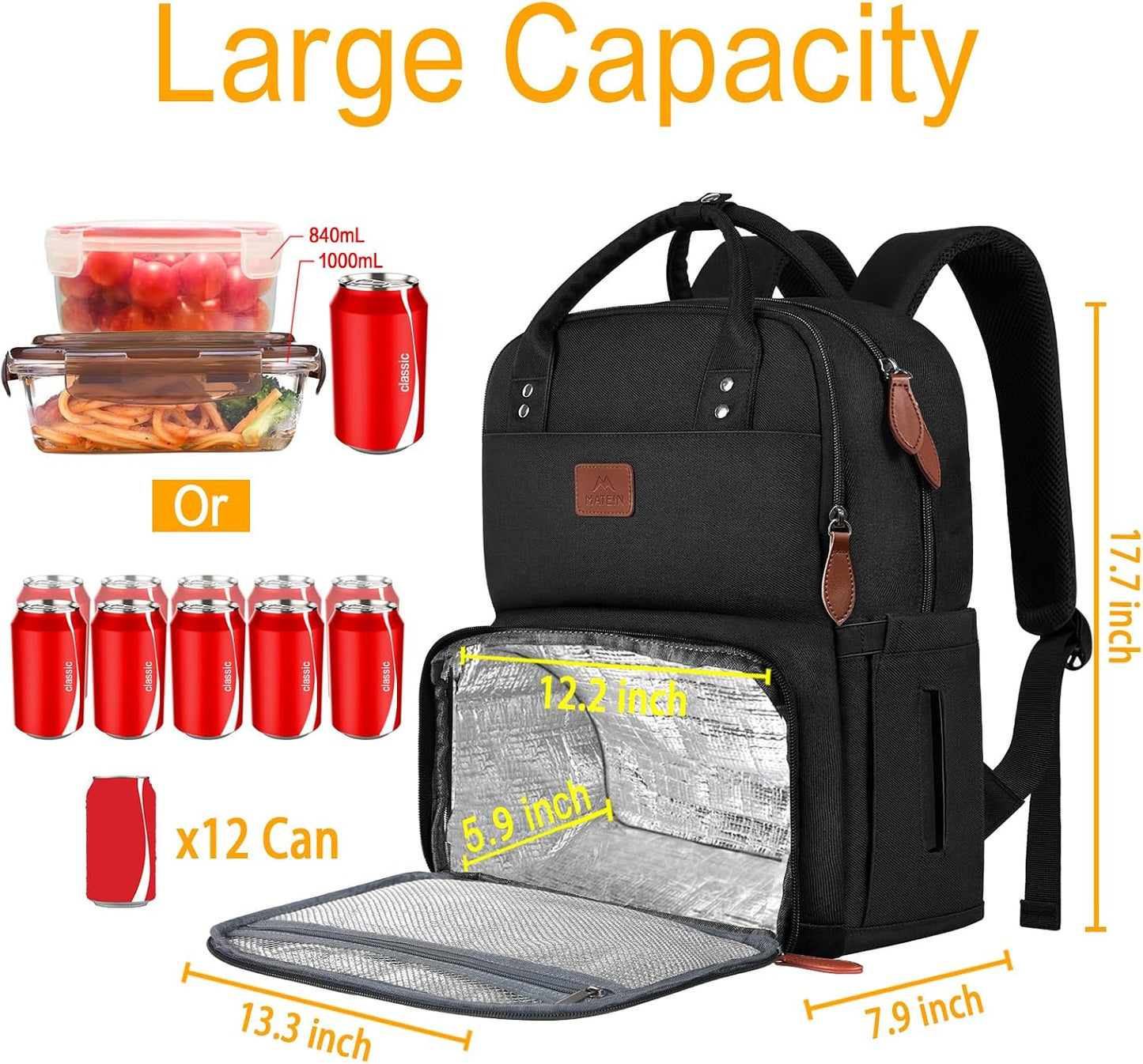 17 Inches Backpack, Backpack MATEIN Lunch Extra Large Lunch Box with Insulated Cooler Compartment, Water Resistant