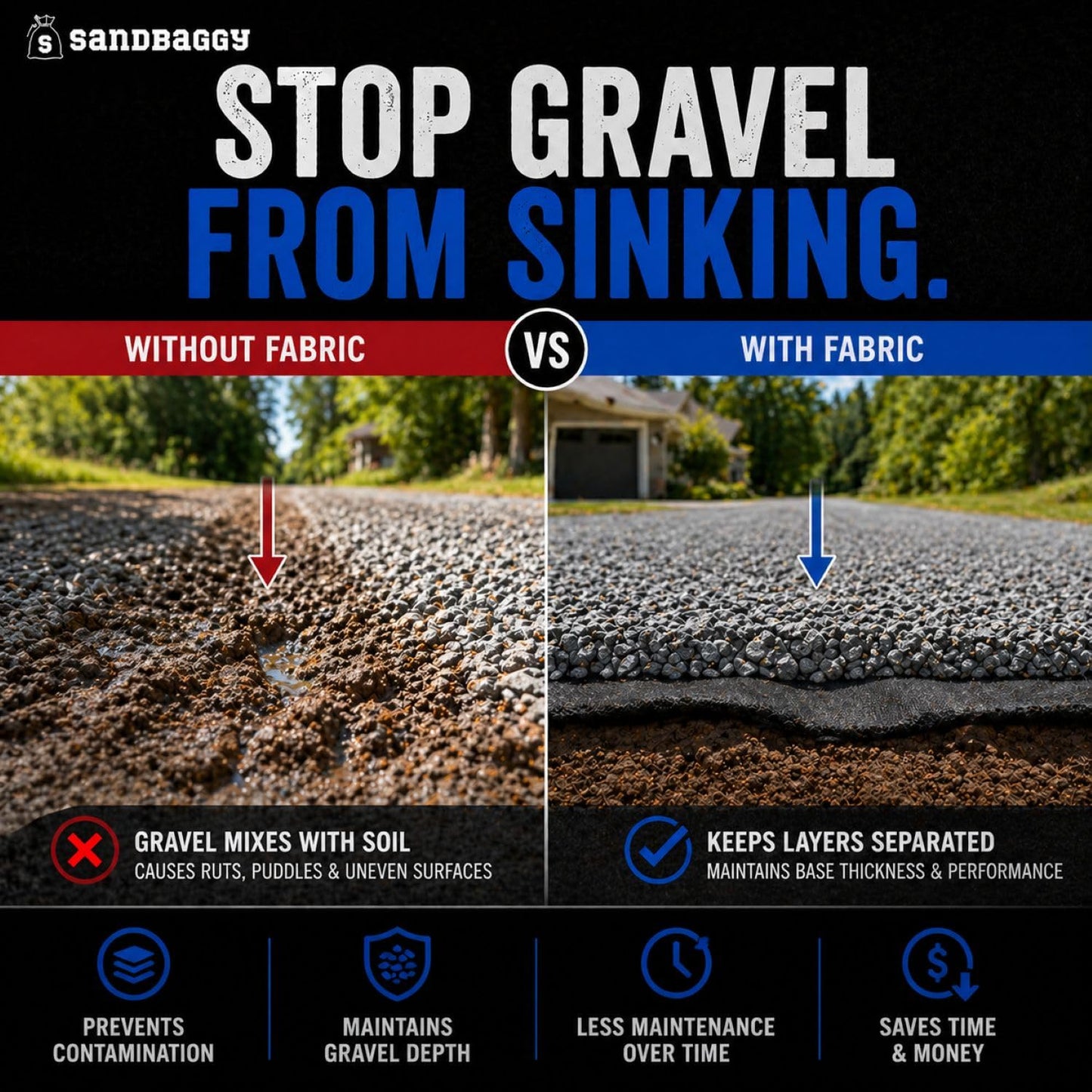Soil Separation Fabric | Non-Woven Geotextile Filter Fabric (8 oz) – Drainage & Filter Barrier Fabric for French Drains & Trenches | USA Made - Sandbaggy (10 ft x 50 ft Roll)