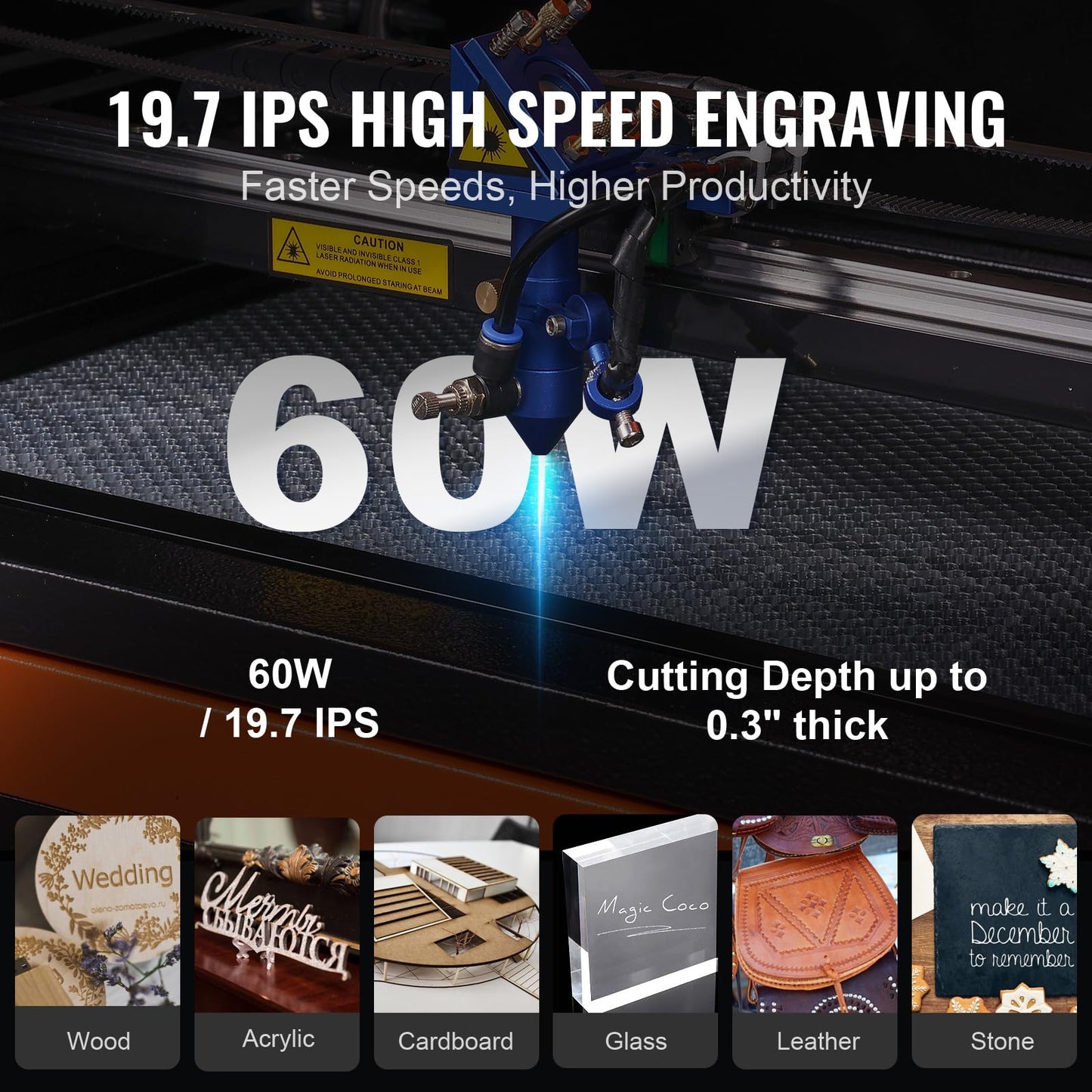 VEVOR 60W CO2 Laser Engraver, 16 x 24 in, 19.7 IPS Laser Cutter Machine with 2-Way Pass Air Assist, Compatible with LightBurn, CorelDRAW, AutoCAD, Windows, Mac OS, Linux, for Wood Acrylic Fabric More