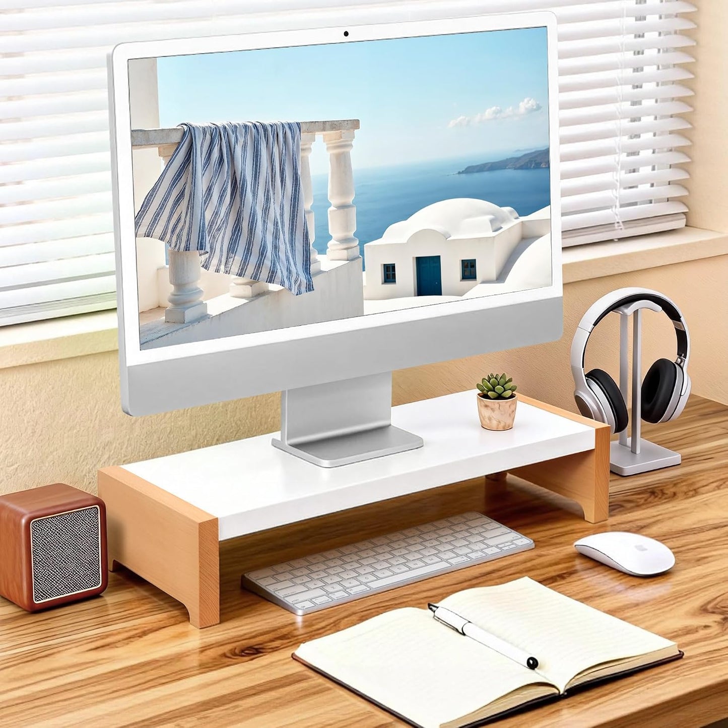 40LB ARCOBIS Monitor Stand Riser, White Metal & Wood Computer Monitor Stand Riser for Desk, Max Load Capacity