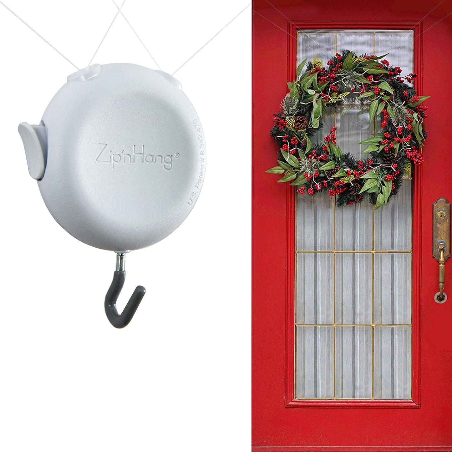 Zip 'n Hang Wreath Hanger for Front Door – Damage Free Adjustable Door Wreath Hanger for Glass, Screen & Standard Doors, Christmas Wreath & Decor Hook (White - 1 Pack)